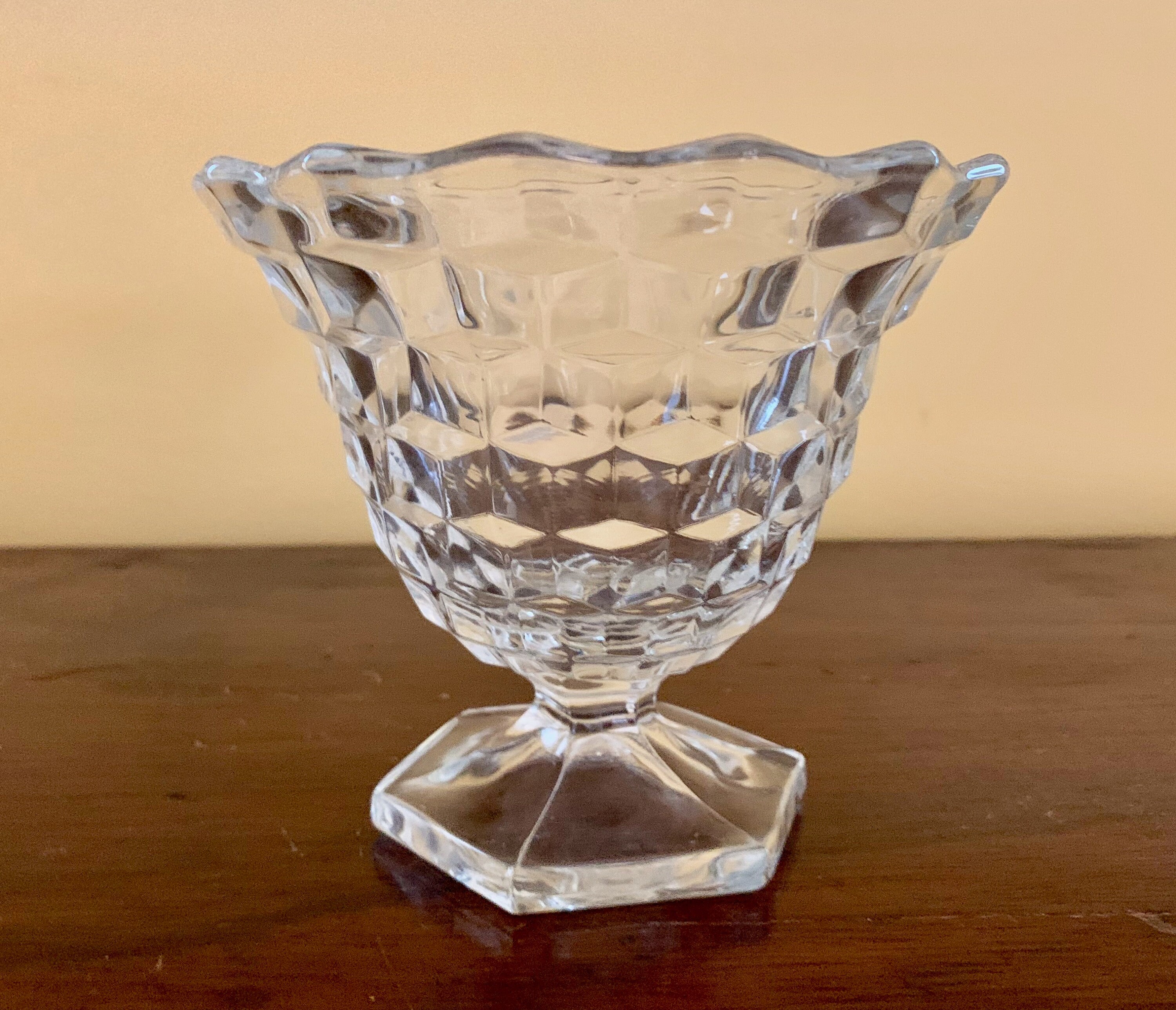 Fostoria American Clear Bowl, Clear Cubed Footed Condiment Compote, Fostoria Mayo Bowl, Footed
