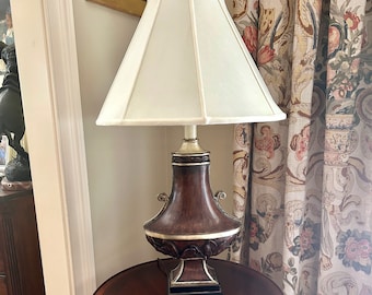 French Country Lamp, Vintage Uttermost Neo Classical Style Large Entranceway 3 Way Light Table Lamp, Urn Style Lamp with Leaf Design