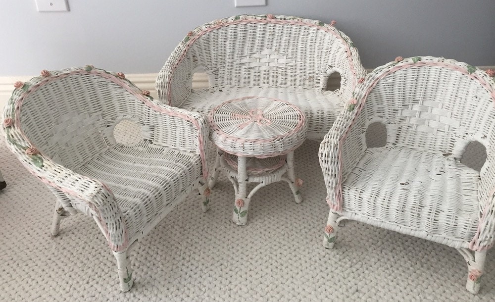 Doll Wicker Settee Set, 4 Piece Doll Furniture, White Wicker, Pink