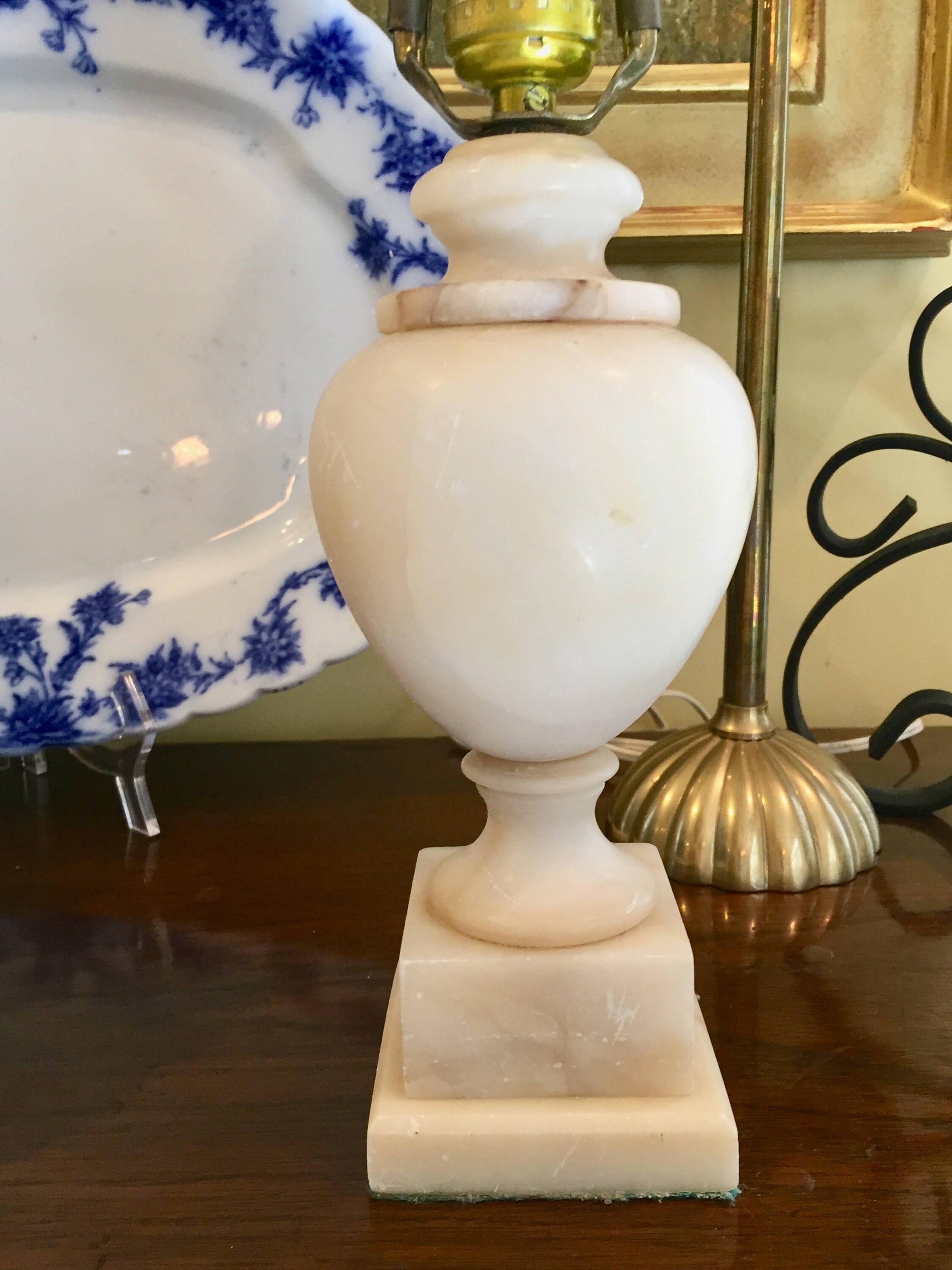 White Alabaster Lamp, Small Stone Table Lamp, Desk Lamp, Mid Century