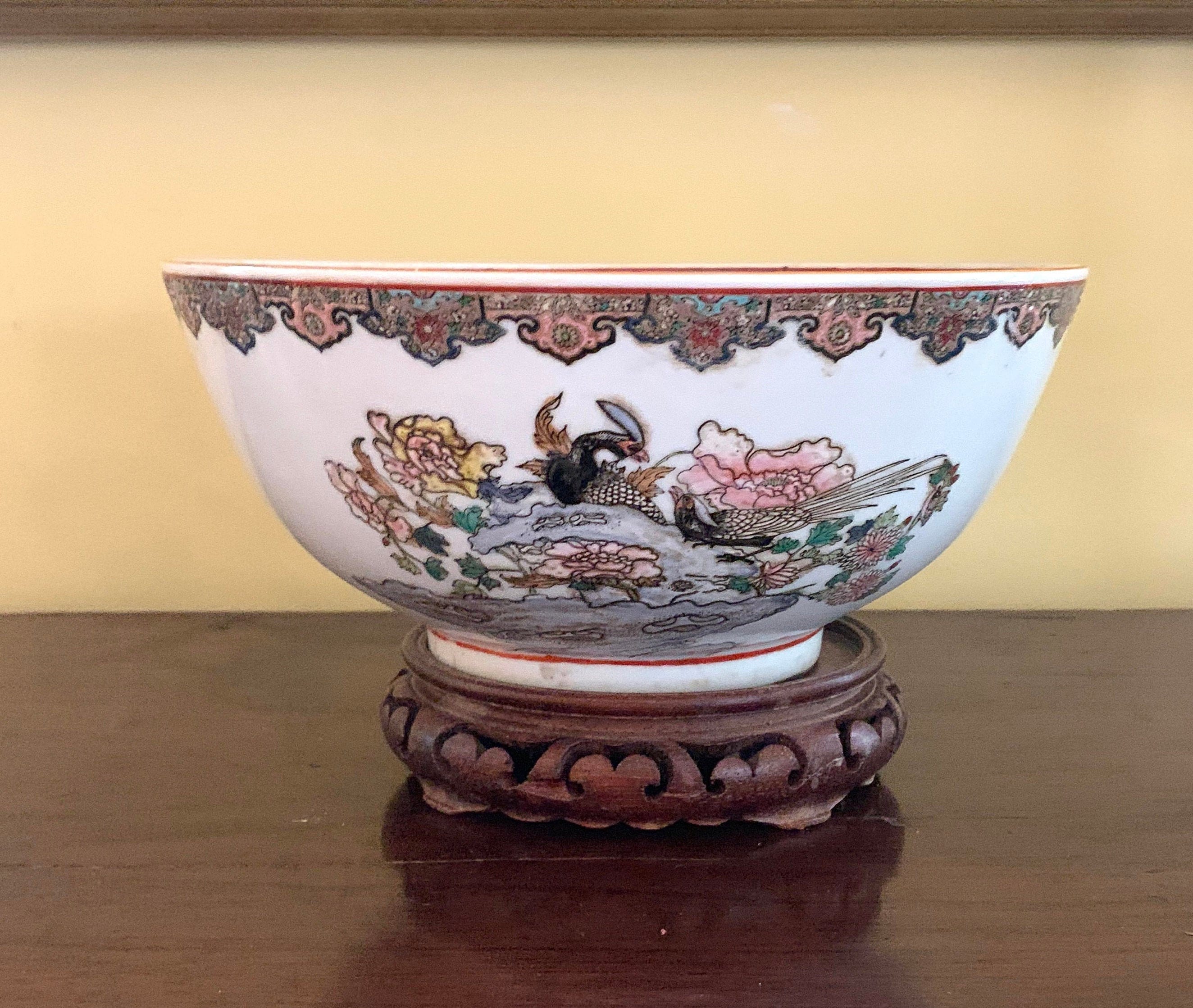 Large Asian Bowl, Wooden Stand, Vintage Asian Porcelain Bowl, Imari