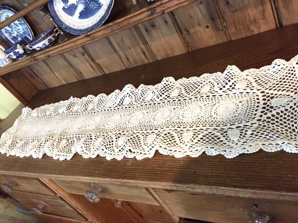 White Crochet Table Runner, Vintage 48 x 11 Inches Table Scarf , Scalloped Hem Dresser Scarf