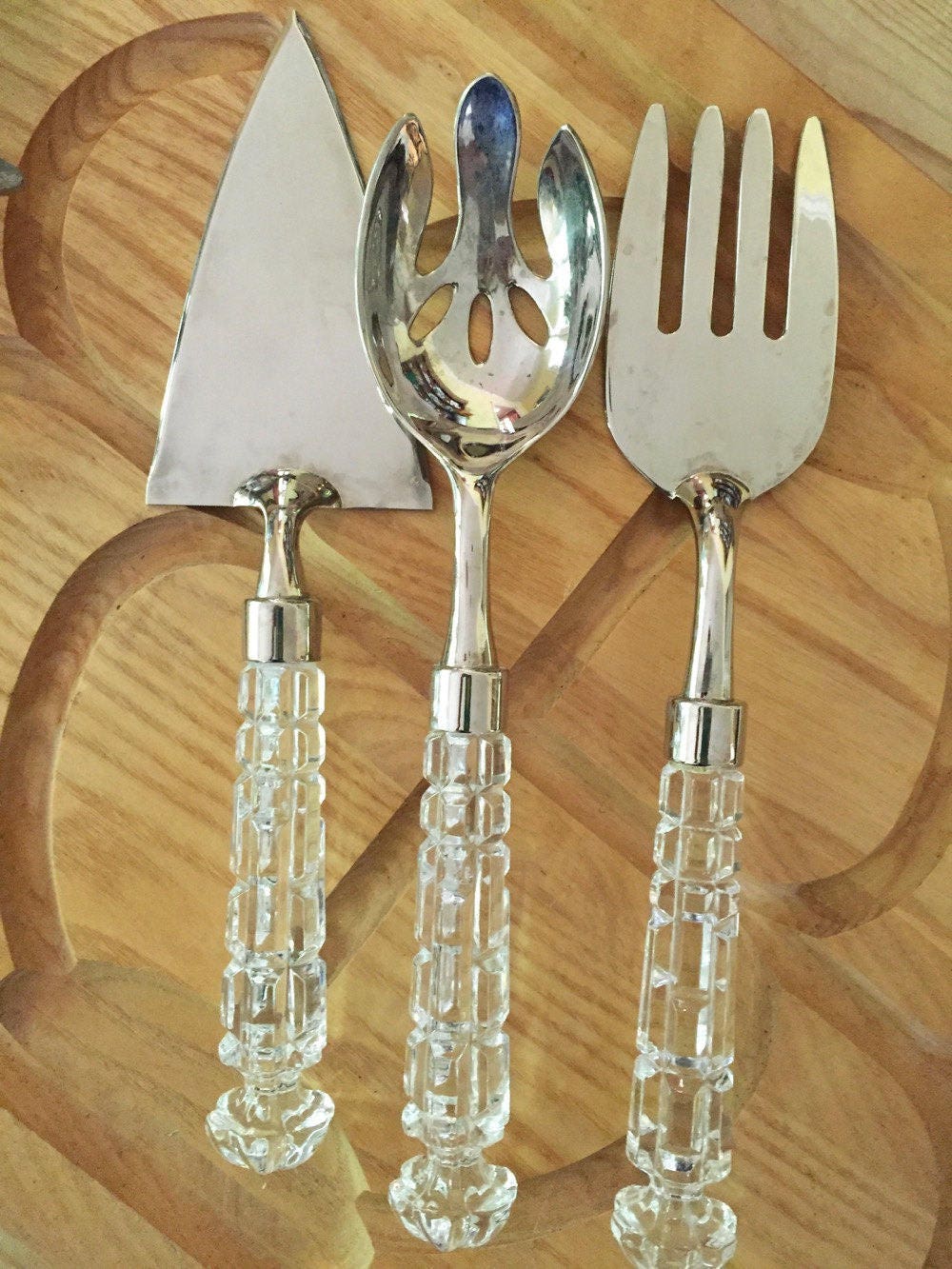 Vintage Glass Handled 3 Piece Serving Hostess Set, Block Glass Silver