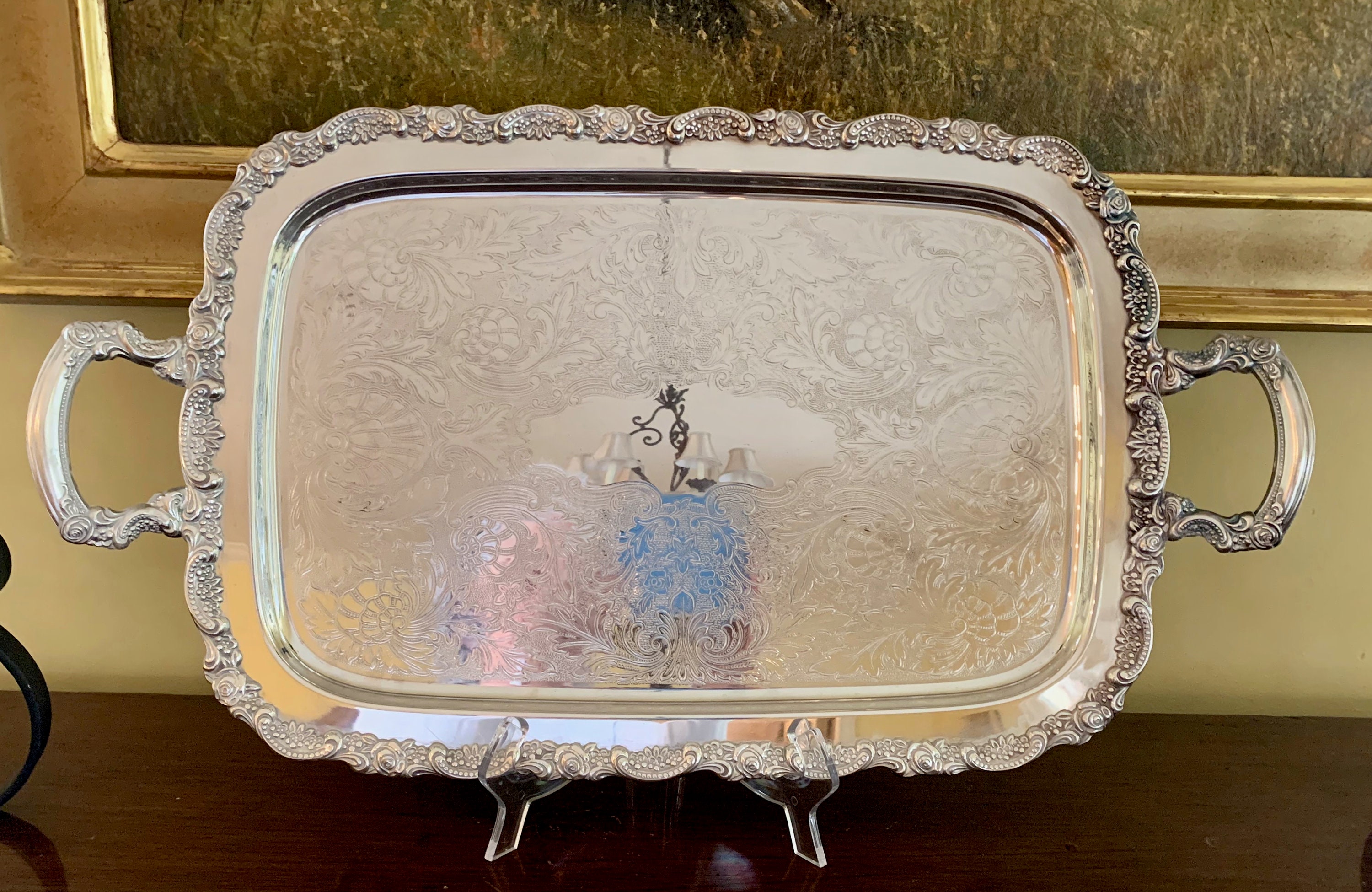 Silver Butlers Tray, Large Footed Silver Serving Tray with Handles