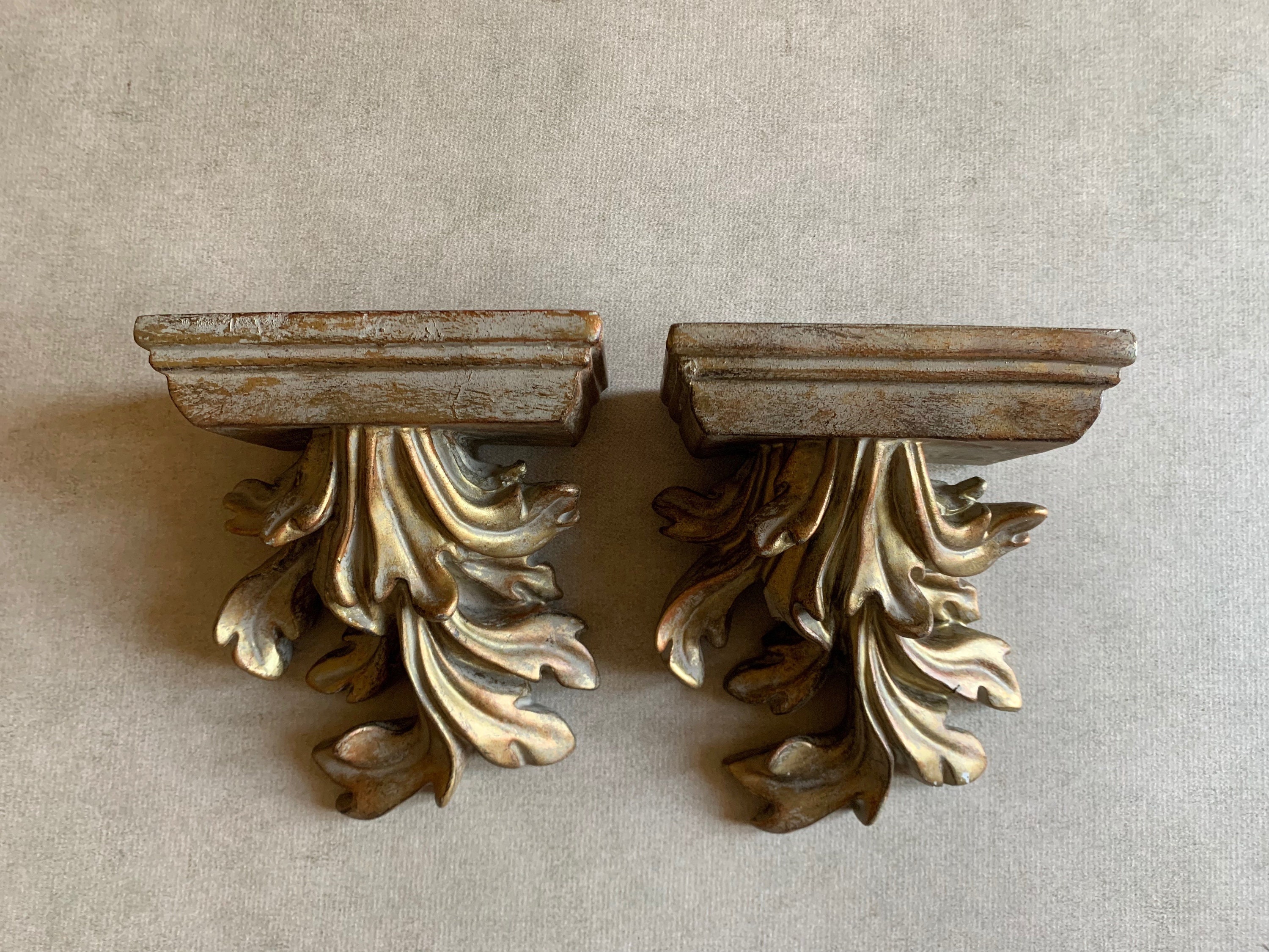 Acanthus Leaf Wall Sconce Shelves, Baroque Style Vintage Gold Toned