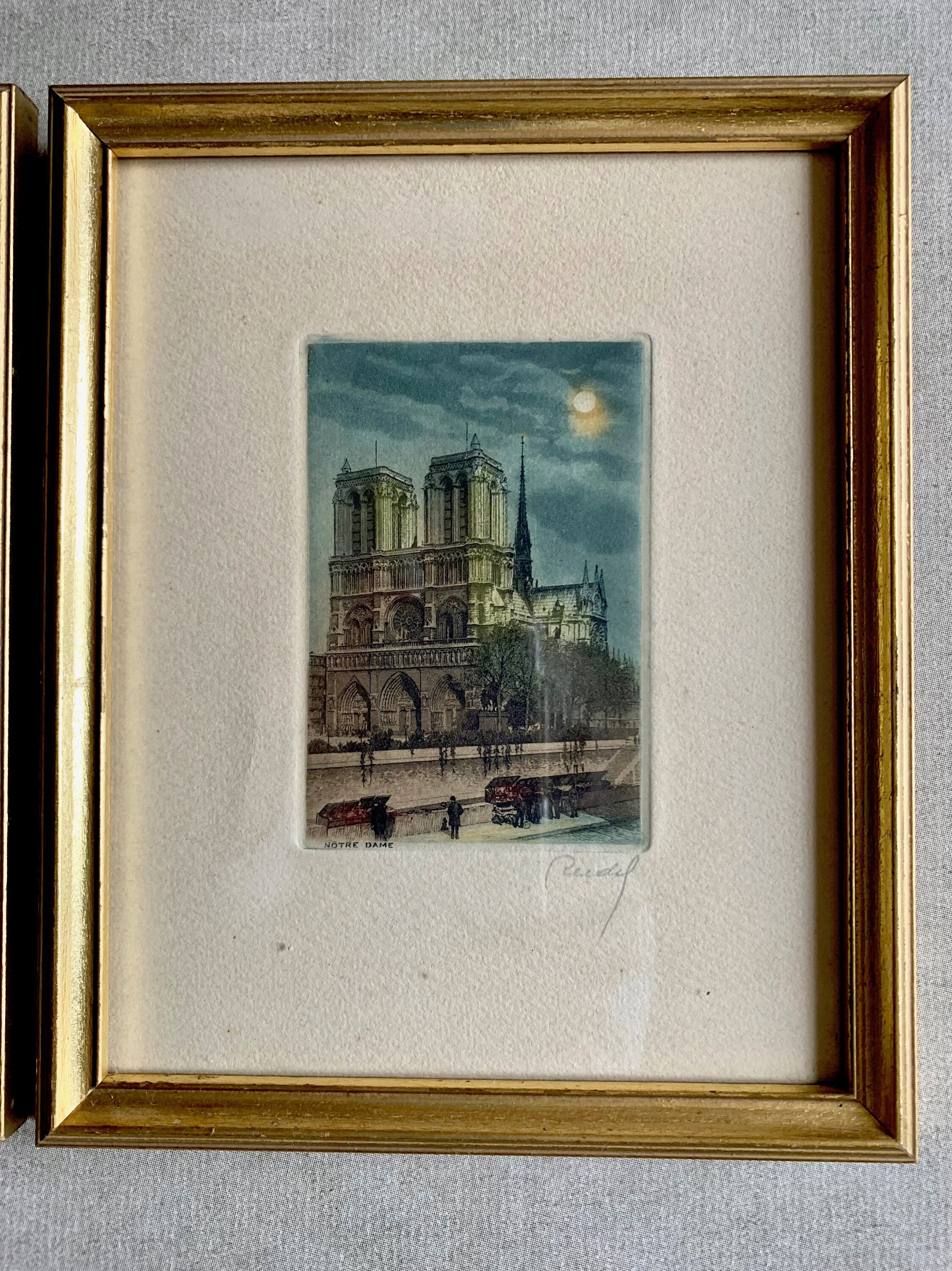 Vintage French Etchings, Colored Etchings Signed, Notre Dame Etching, Basilica of the Sacred
