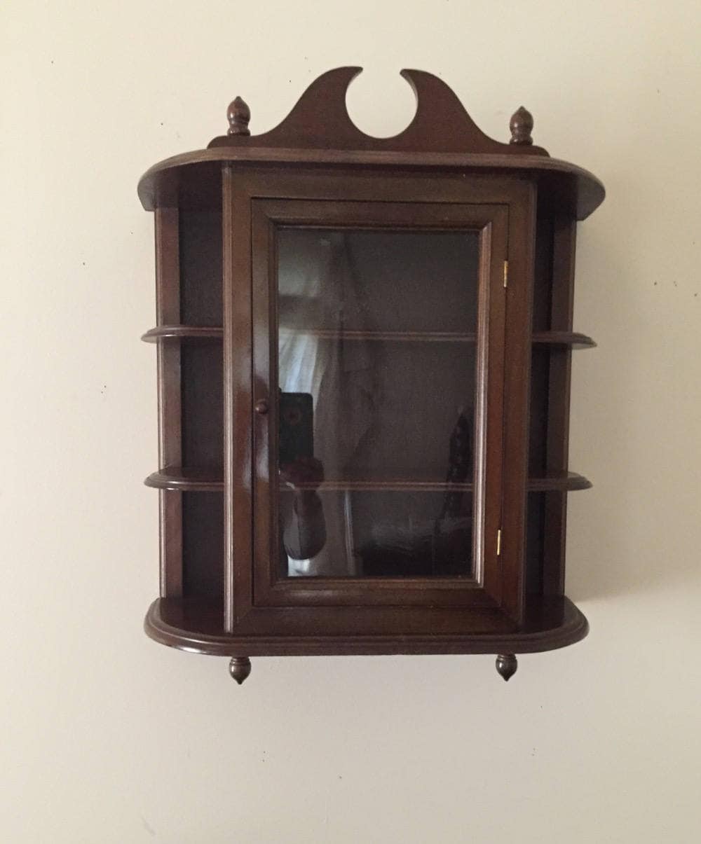 Wooden Hanging Cupboard Wall Display Glass Door, Side Shelves, Dark Walnut Wood Color