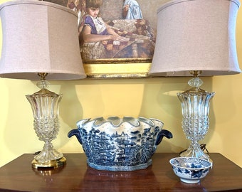 Pair Crystal Table Lamps, Set of Two Mid Century Lead Crystal Brass Elegant Table Lamps, Bedside Table Lamps, End Table Lamps