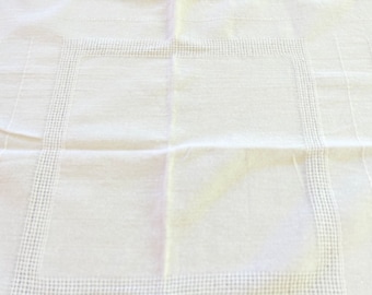 Vintage Drawnwork Tablecloth, Cream BasketweaveTablecloth, 45x 80 Inch Casual Antique White Tablecloth, Cottage Farmhouse Table Linens