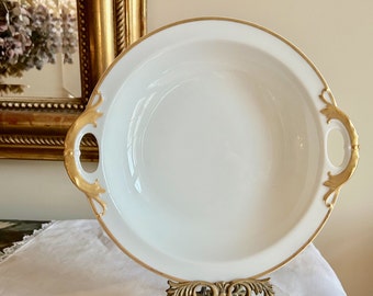 Haviland Limoges Bowl, Antique White Limoges Bowl with Gold Trim and Handles, French Porcelain 9 Inch Bowl, Collectible China