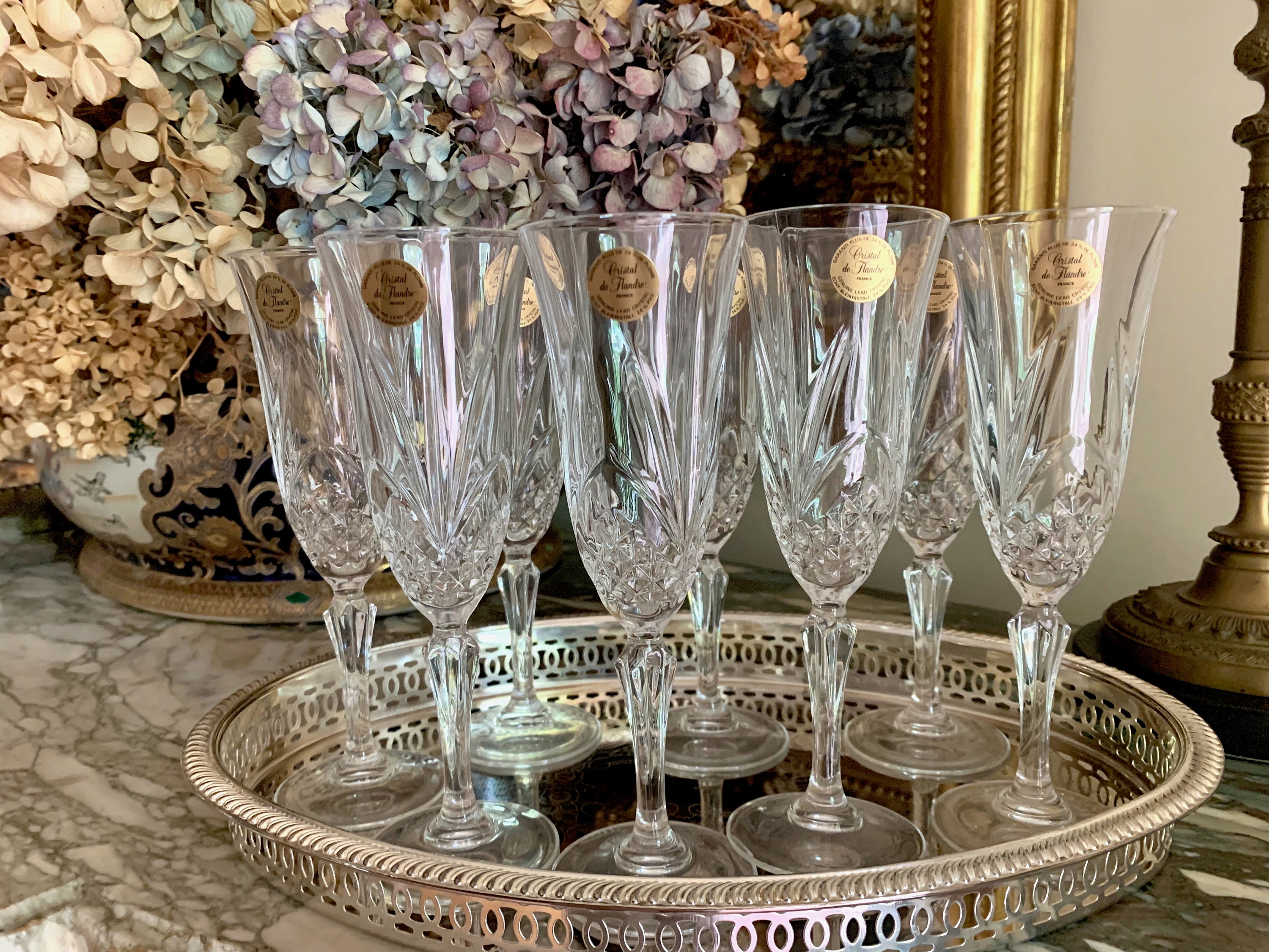 Crystal Champagne Flutes, Set of 8 Cristal De Flandre Crystal Flutes  Salzburg Pattern, Wedding Bridal Barware Gift, Made in France