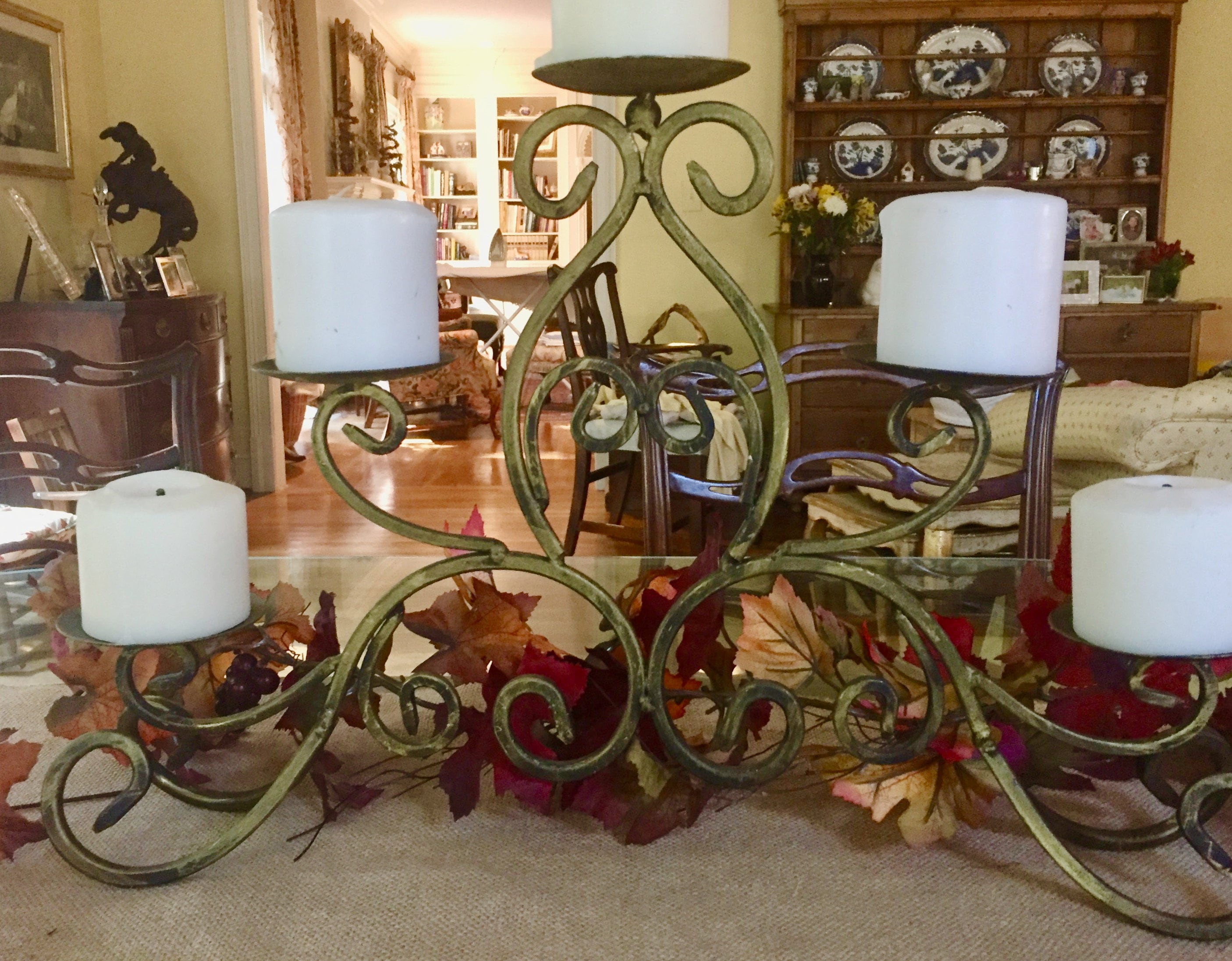 Wrought Iron Pillar Candelabra, 5 Pillar Candlestick, Rustic Black Gold