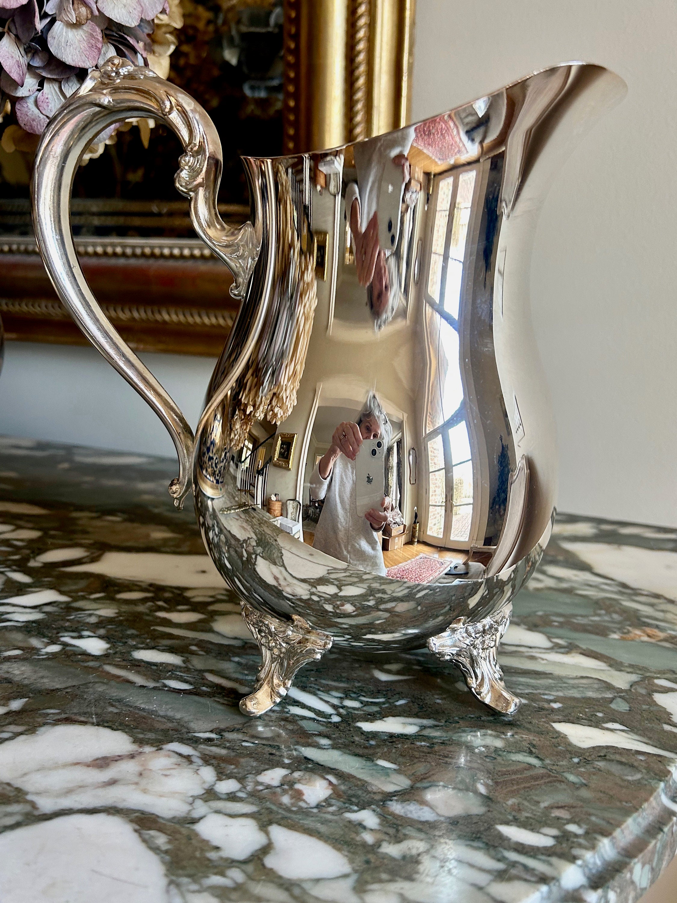 Vintage Italian Pitcher With Silver Plated Pour Spout and Handle on Molded  Glass Base