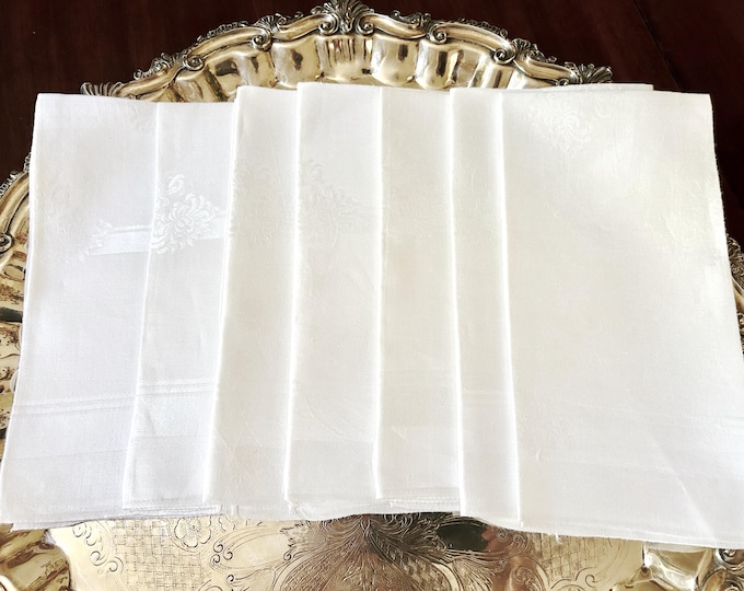 Featured listing image: Antique White Linen Damask Napkins, Set of 7, Chrysanthemum Pattern