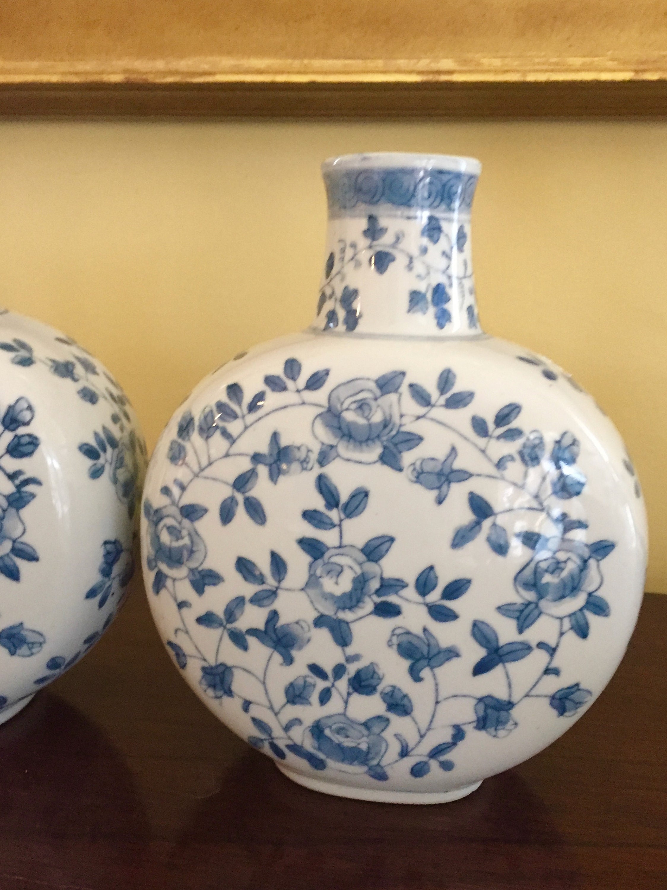 Blue White Chinoiserie Vase, Asian Moon Flask style Vase, Blue White