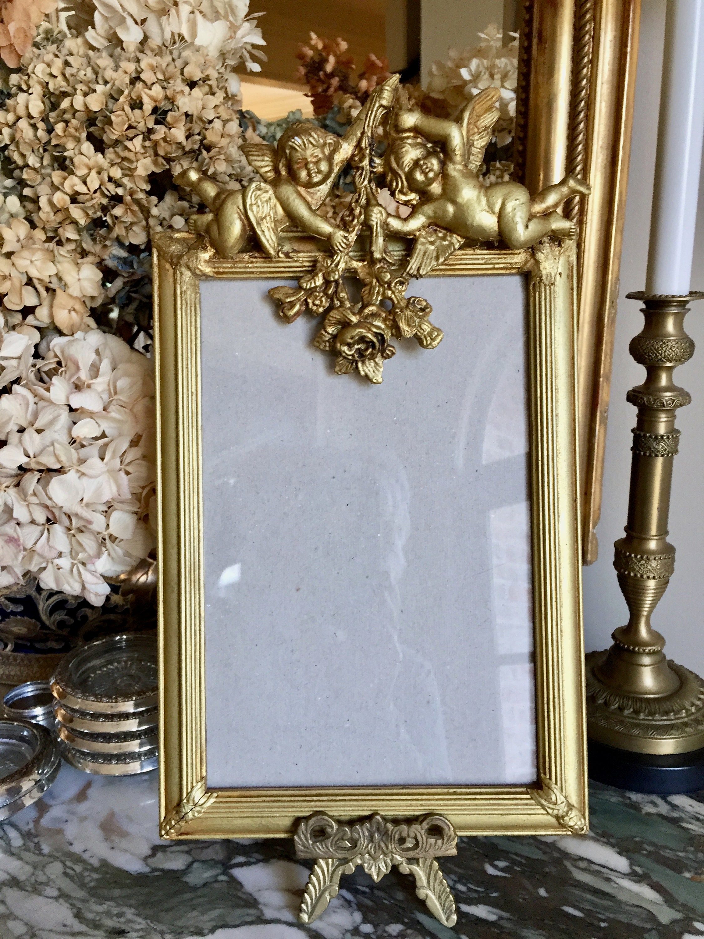 Vintage Cherub Photo Frame, Gold Toned Wooden Decorative Picture Frame
