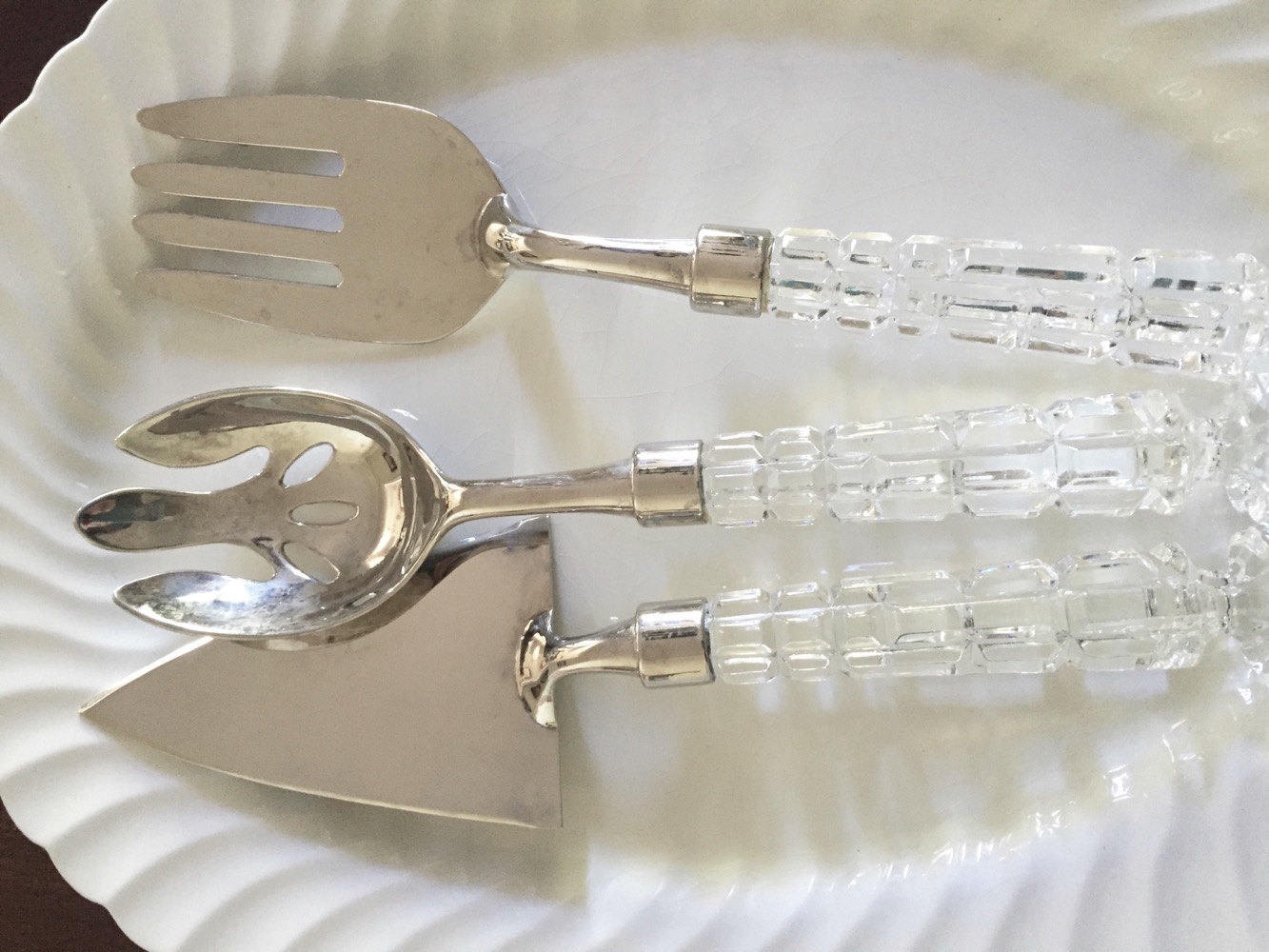 Vintage Glass Handled 3 Piece Serving Hostess Set, Block Glass Silver