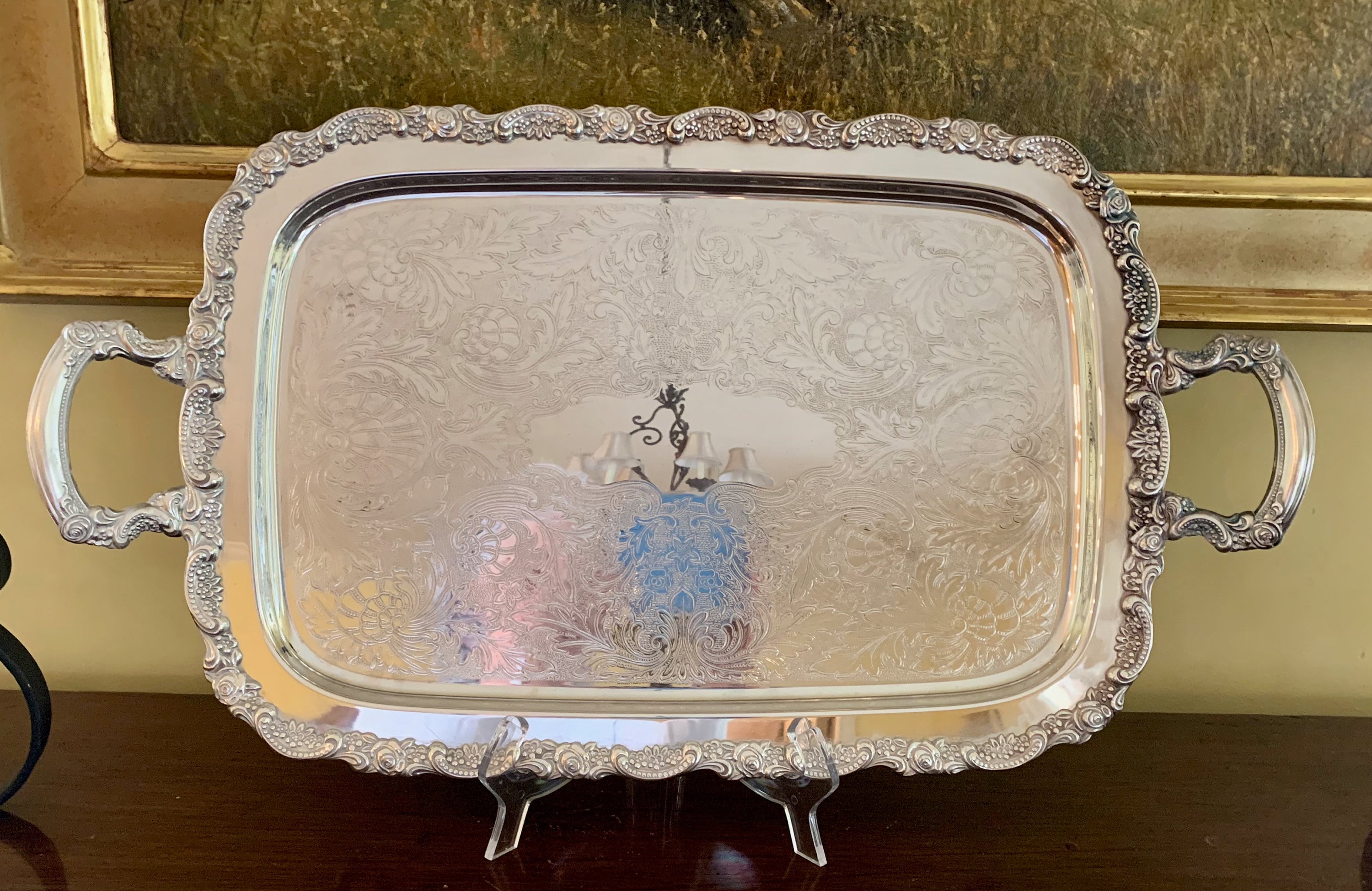 Silver Butlers Tray, Large Footed Silver Serving Tray with Handles