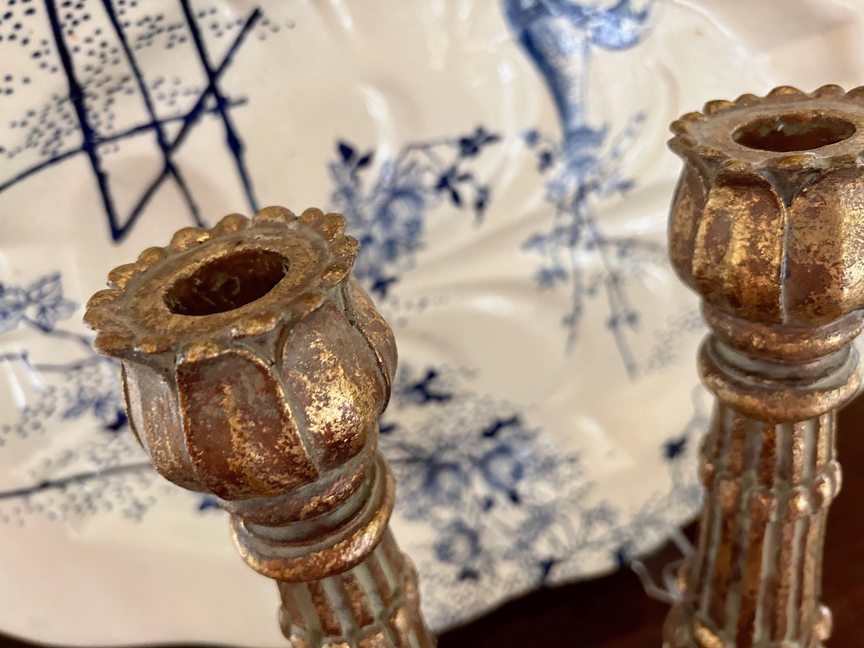 Tall Gold Candlesticks, Vintage Neo Classical Style Gold Leafed