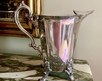 Silver Plate Water Pitcher, Silver over Copper Water Pitcher with Ice Lip, Mid Century 1950's Footed Water Pitcher, French Country Vase