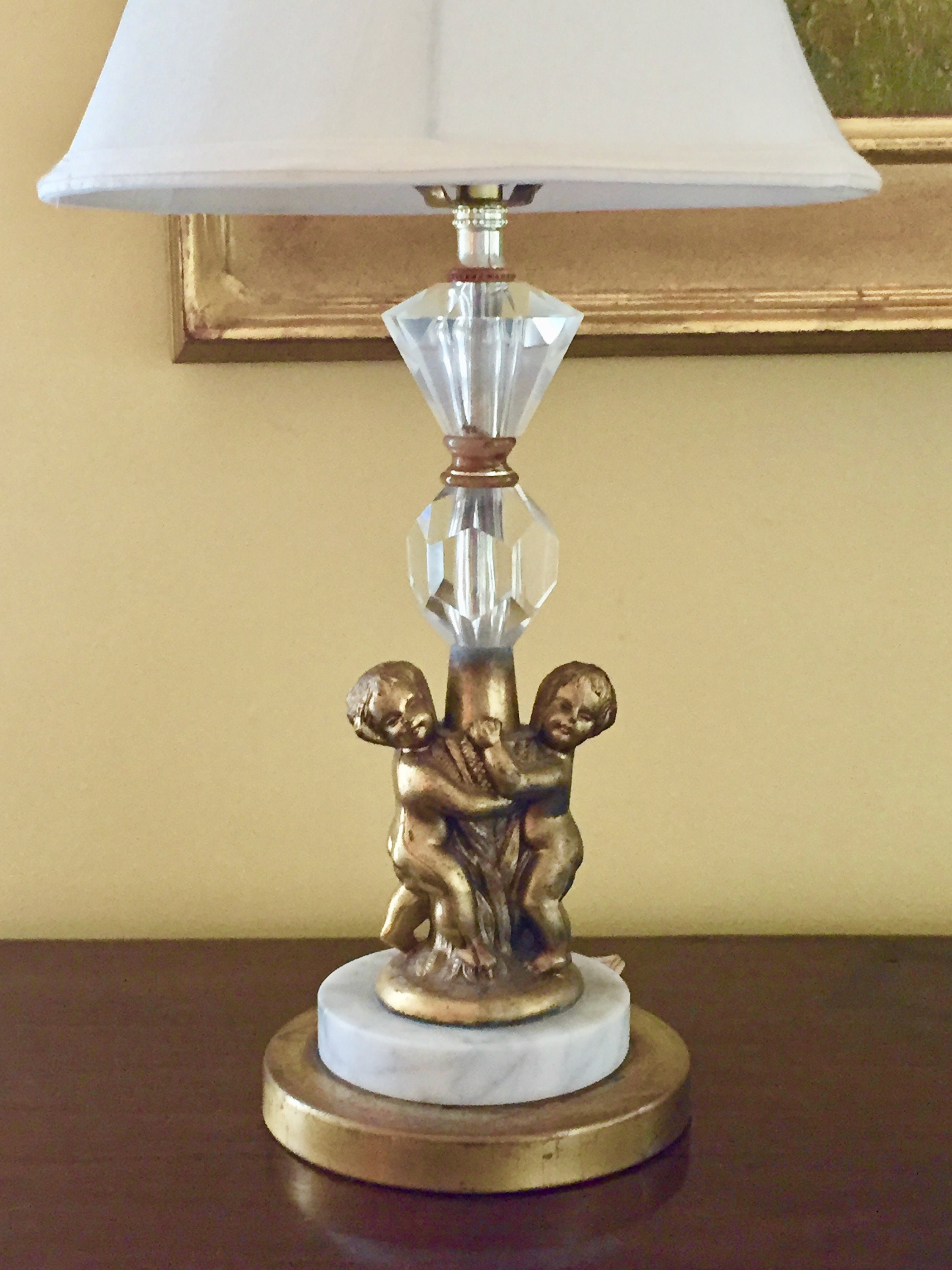 Reserve, Cherub Table Lamp, Marble Brass Base, Hollywood Regency Design