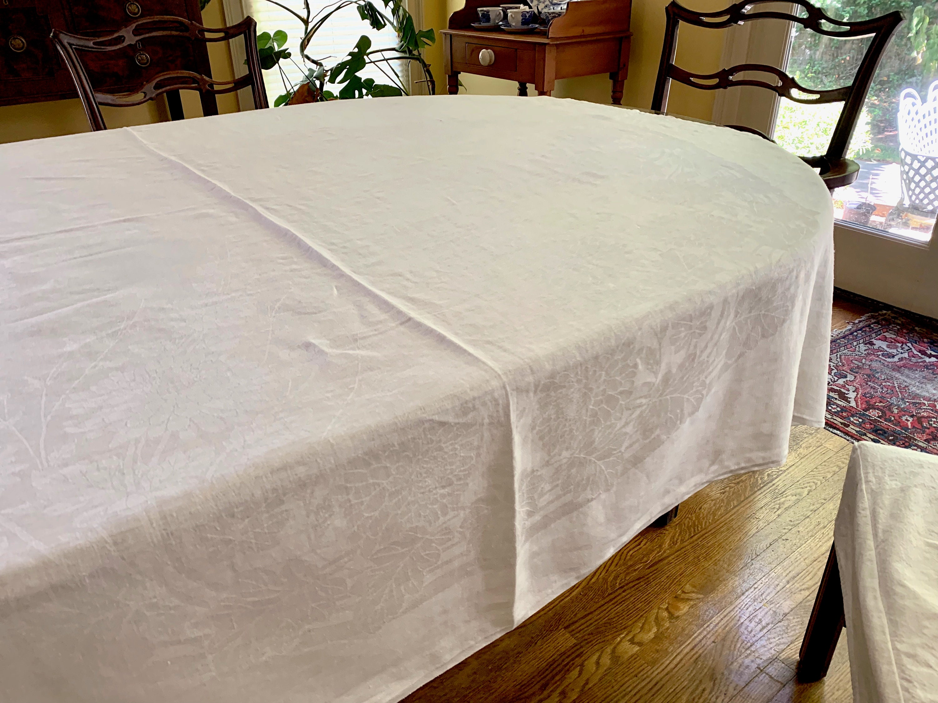 Floral Damask Tablecloth, White on White Design, Linen Damask