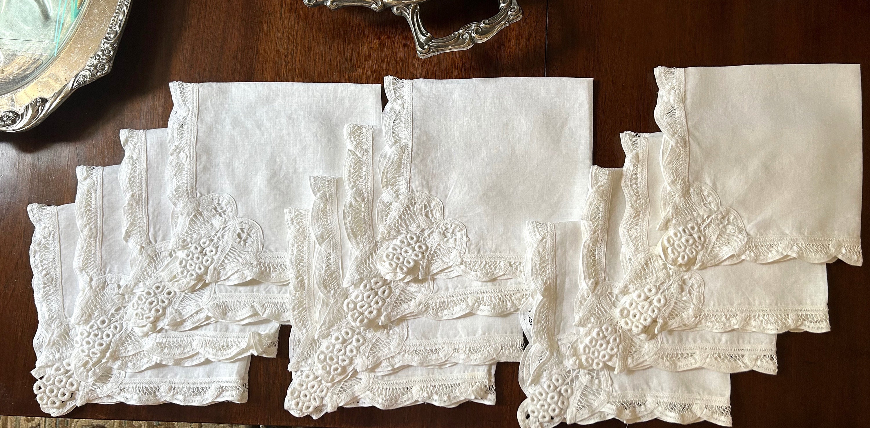 RIANGI Linen Napkins Set of 12 (12x12 Inches) with Lace, Linen Napkins  Bulk,Cloth Napkin,Tea Party Napkins Fabric Napkins, Beige Linen Napkins -  Lace