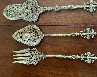 Italian Serving Utensils, Set of 3 Brass Italian Montagnani Serving Utensils, Fork Spoon Pastry Server, Wedding Bridal Gift,