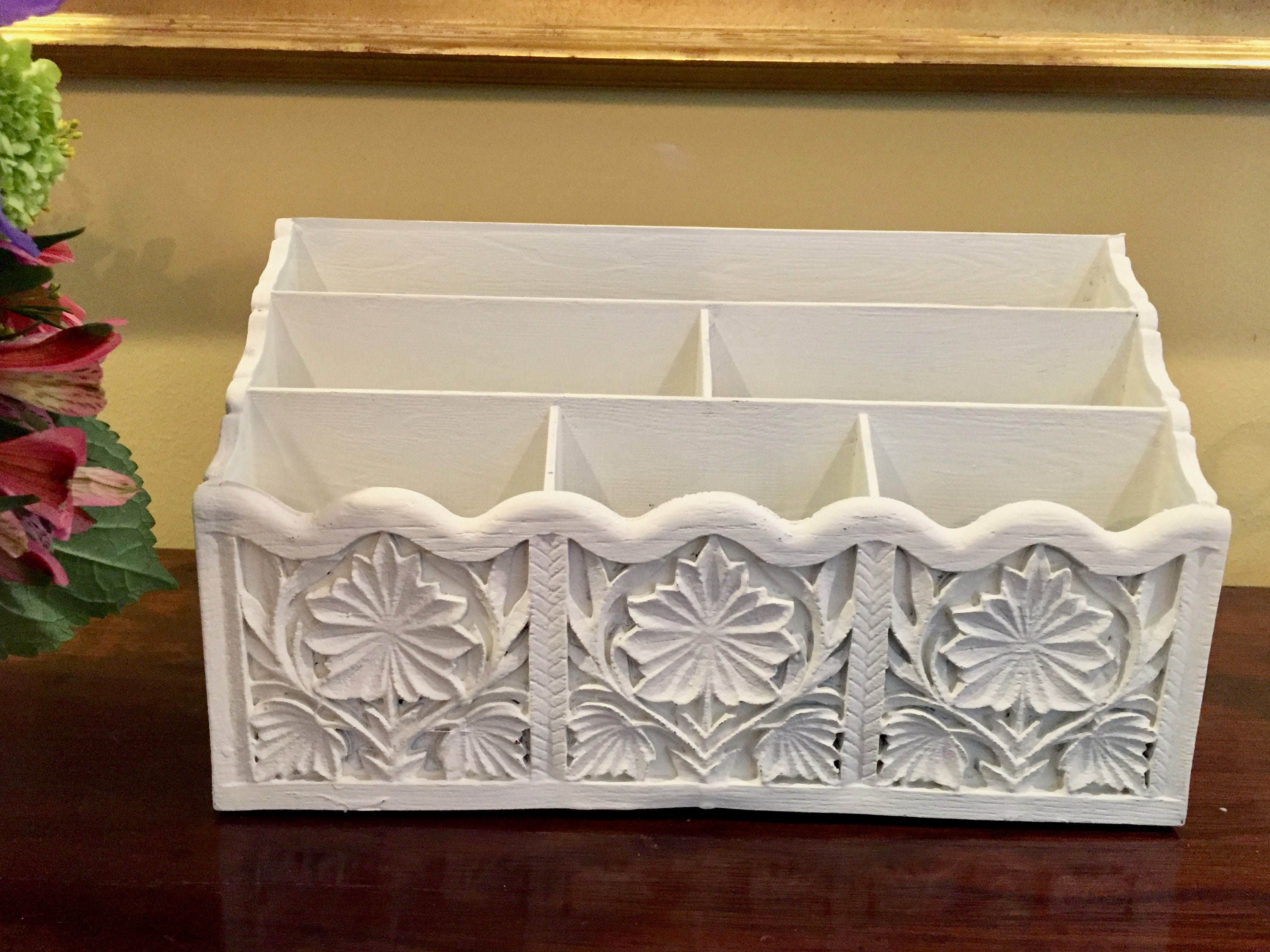 Hand Painted Desk Organizer, Mid Century Syroco Desk Organizer, White