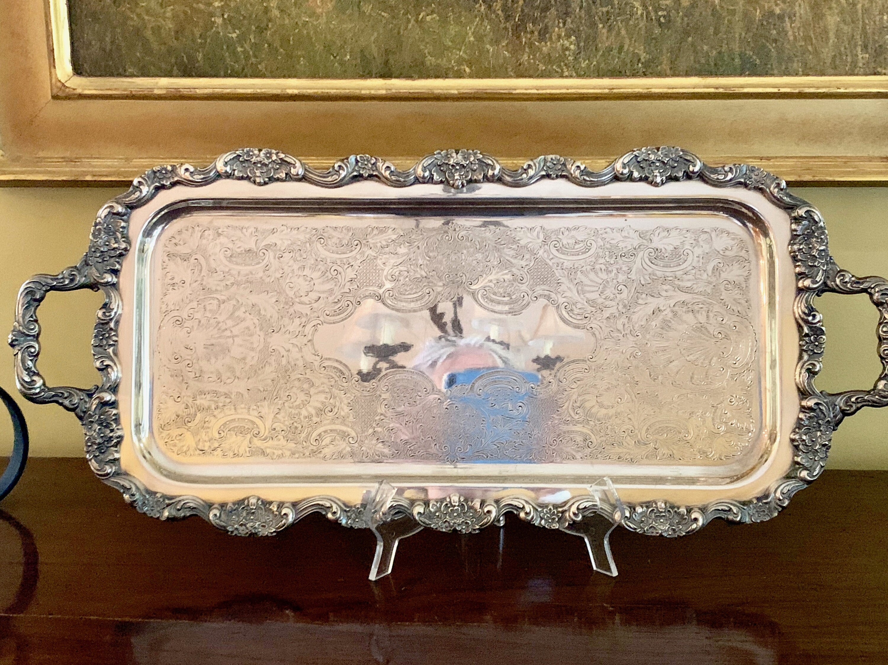 Towle Silver Plate Tray, Footed Rectangle Silver Plate Tray with Chased