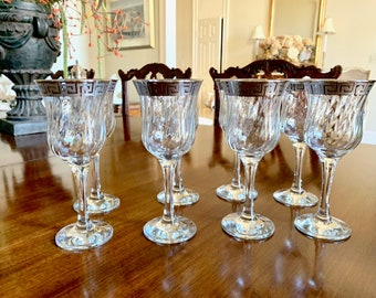 Silver Rimmed Wine Goblets, Set of 8 Lead Crystal Greek Key Design Wine Goblets, Swirl Glass Pattern, Crystal Barware Gift
