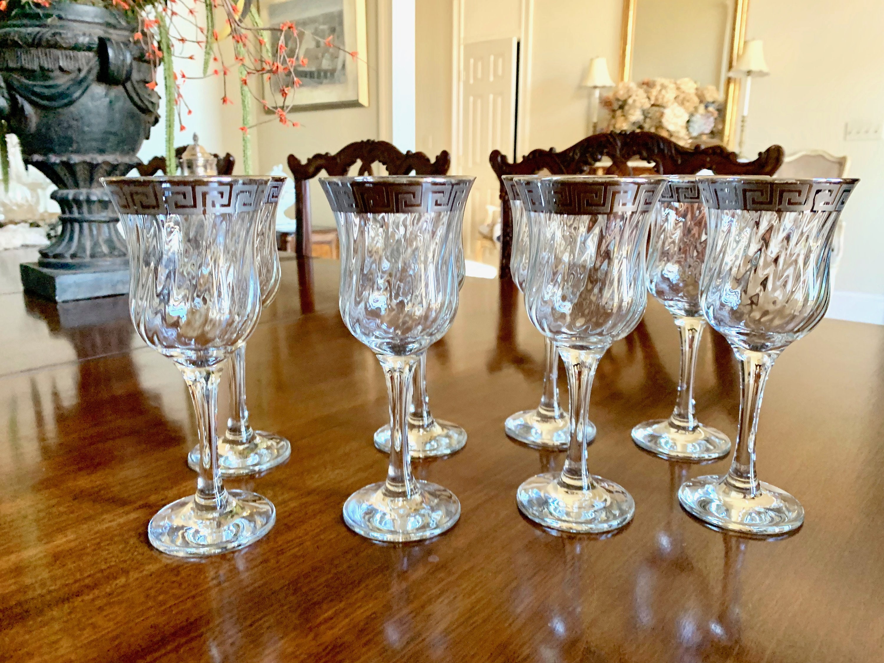 Silver Rimmed Wine Goblets, Set of 6 Lead Crystal Greek Key Design Wine Swirl Glass Crystal Barware Gift