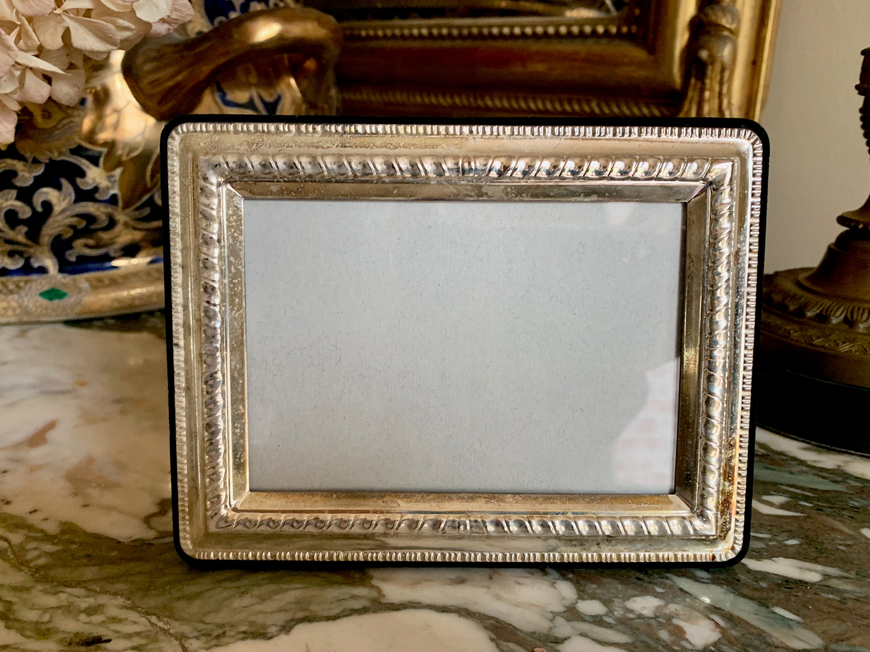 Silver Photo Frame, Vintage 3 x 5 Picture Frame, Black Velveteen