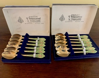 Brass Enameled Demitasse Spoons Set of 6, Vintage Mid Century Demitasse Spoons from Thailand, Green Gold Color, 2 Sets Available