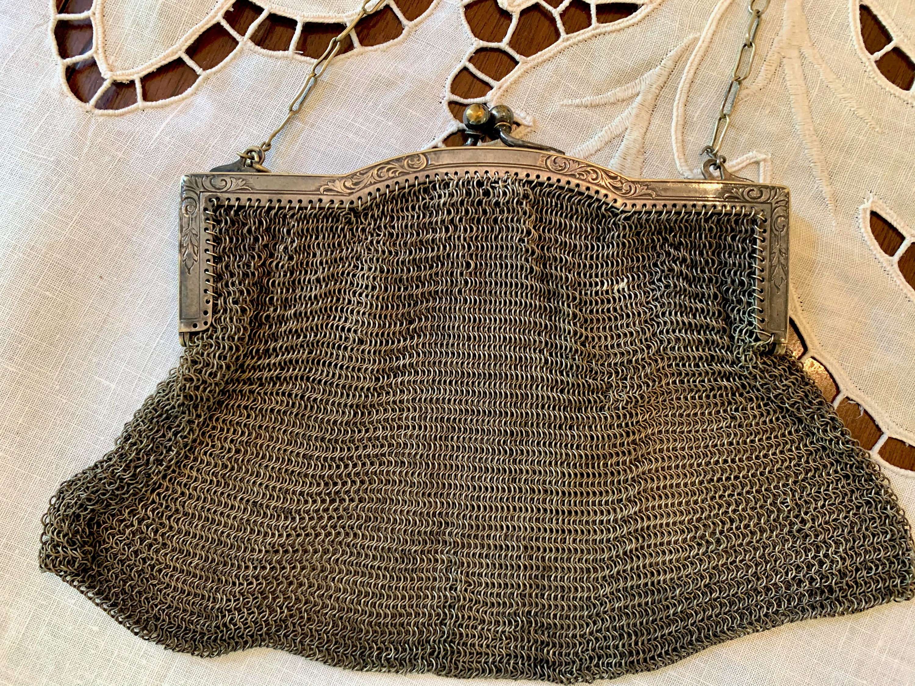 Antique German Silver Purse, Victorian Silver Mesh Bag