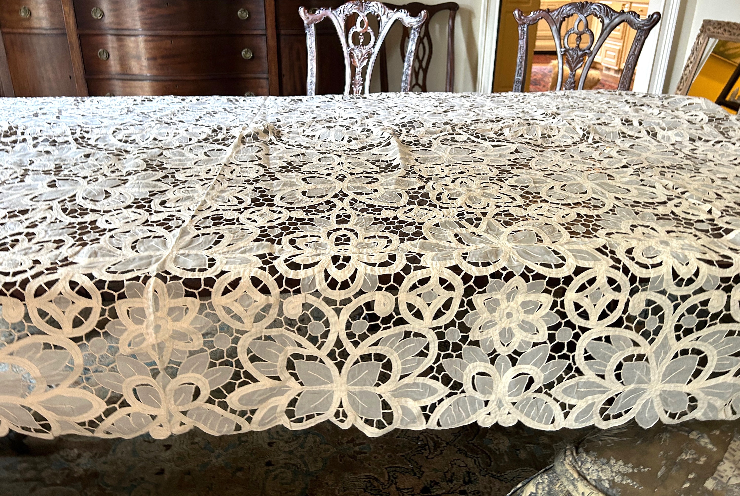 Lace Tablecloth, Cream Ivory Battenburg Style Needle Lace Tablecloth