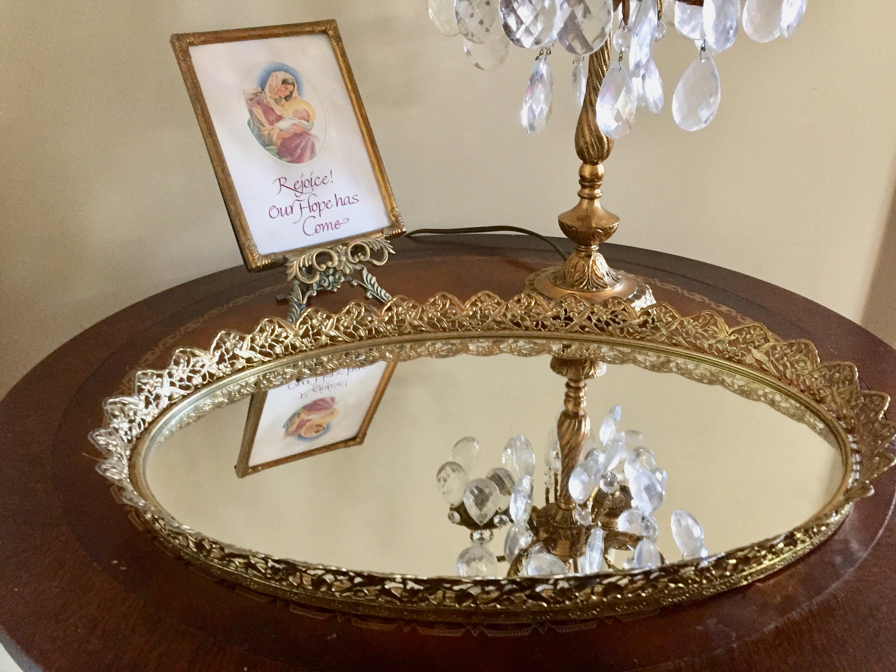 Oval Mirrored Vanity Tray, Gold Metal Filigree Mirrored Perfume Tray