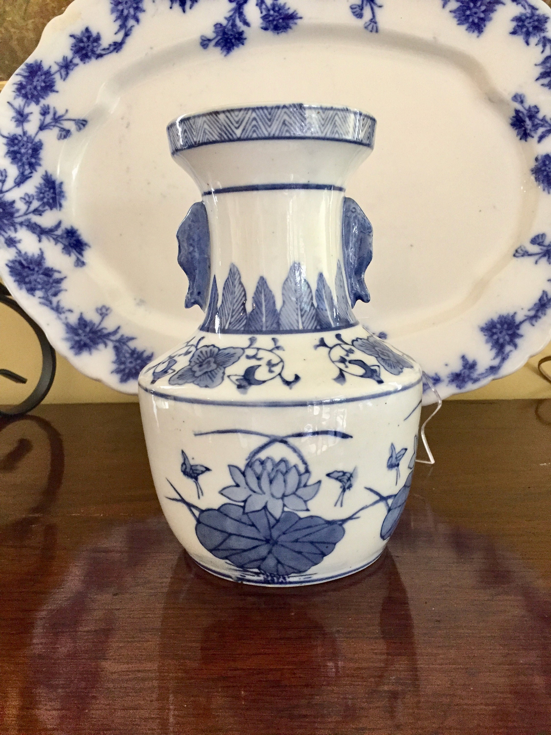 Chinoiserie Vase, Blue and White Vintage Asian Vase, Palm Beach Coastal
