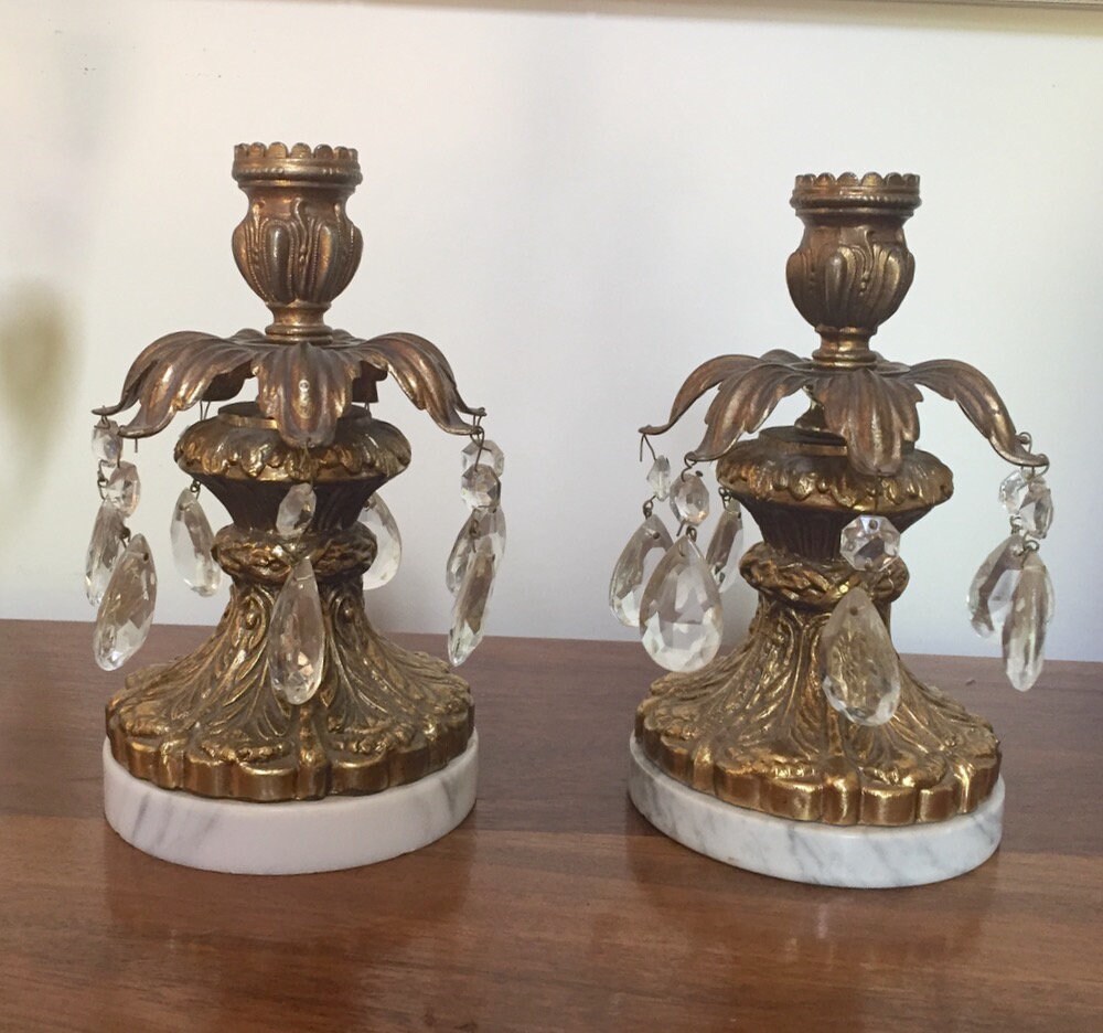 Italian Brass Candle Holders Hollywood Regency Marble Base Brass