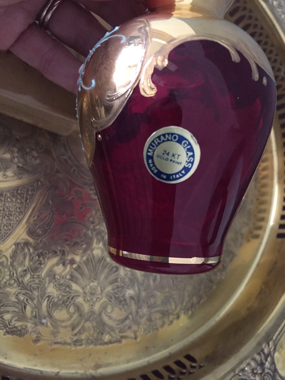 Vintage Murano Cranberry Glass Vase, 24 Kt Gold Overlay Hand Painted