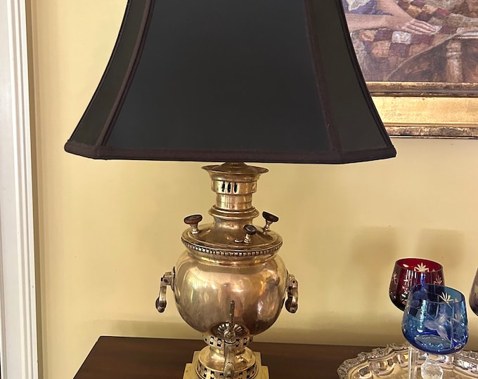 Featured listing image: Brass Samovar Lamp, Brass Tea Lamp, Vintage Samovar Lamp, Brass Lighting Home Decor, Decorative Brass Lighting