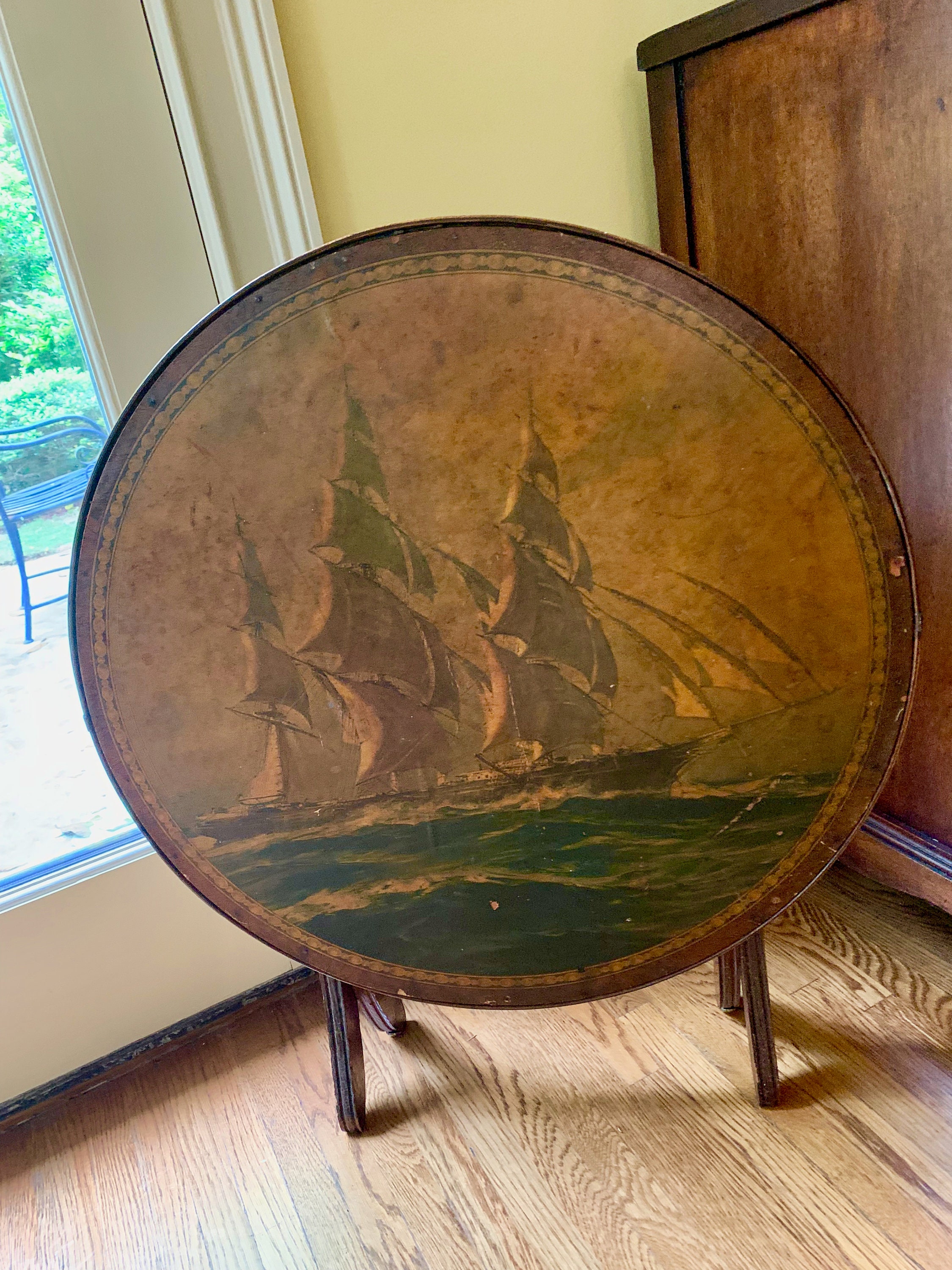 Round Folding Side Table, Vintage Tilt Top Table with Nautical Scene