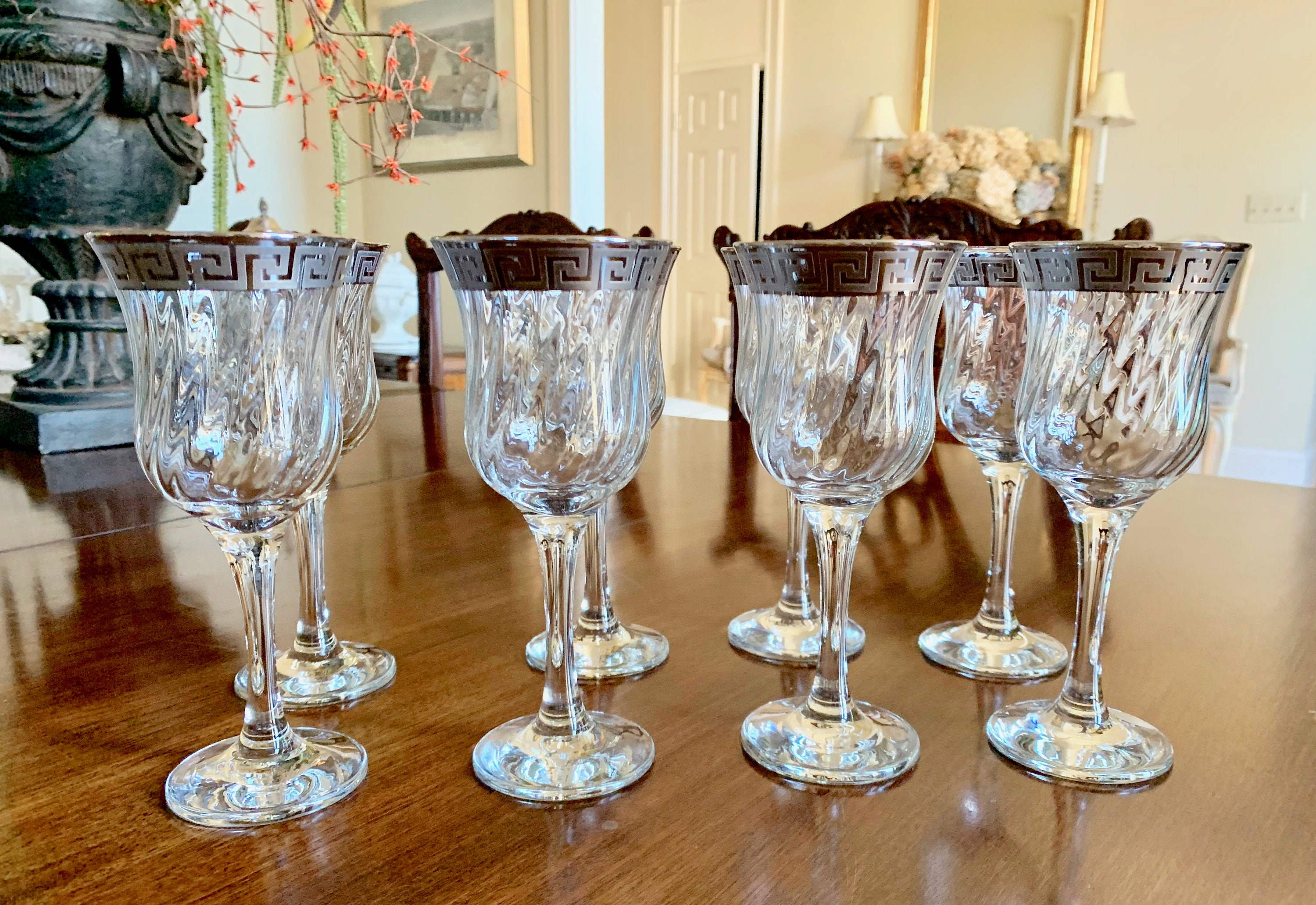 Silver Rimmed Wine Goblets, Set of 6 Lead Crystal Greek Key Design