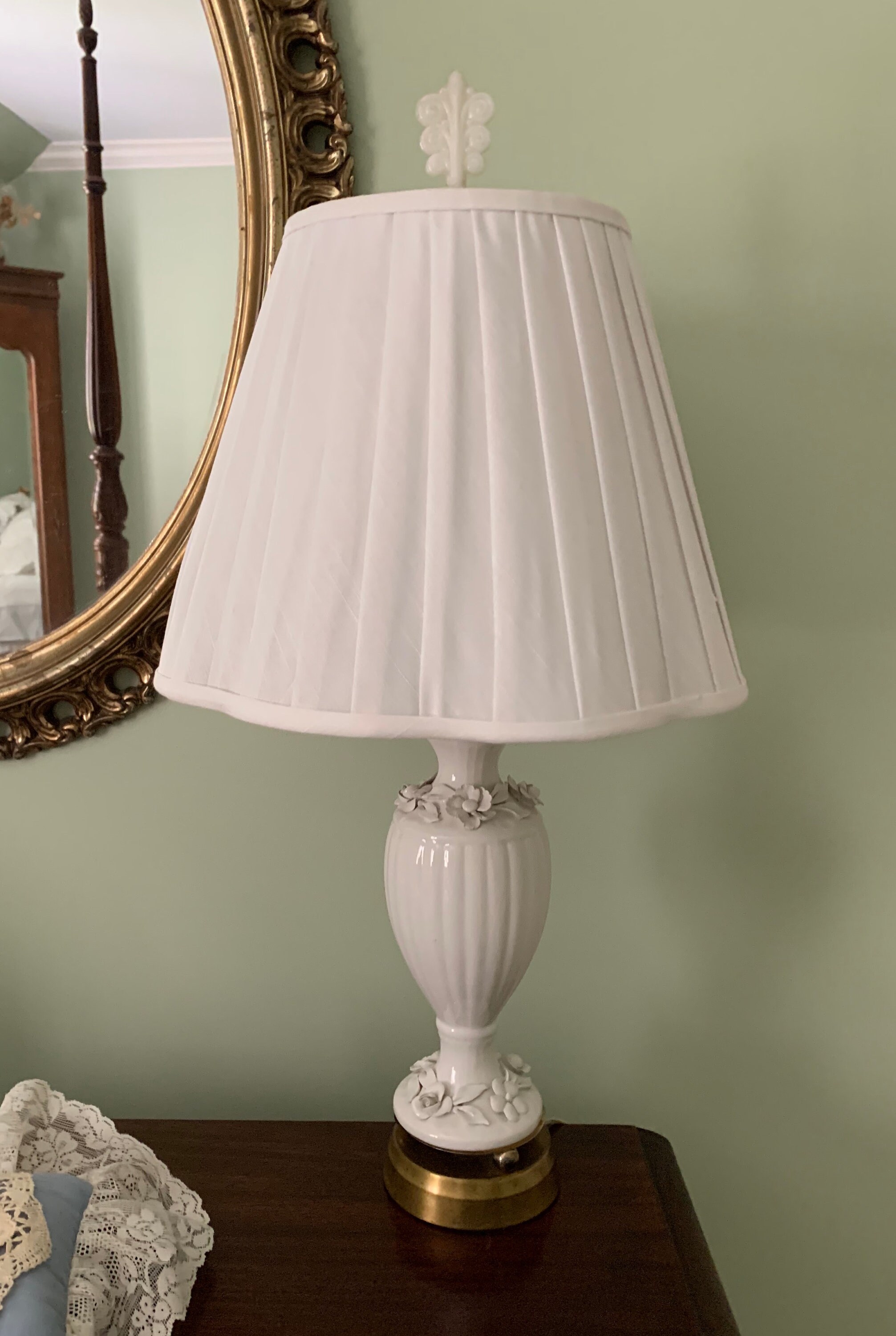 White Porcelain Lamp, Blanc de Chine Porcelain Table Lamp with White on White Floral Design