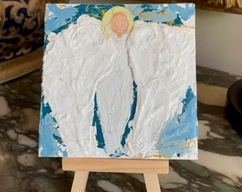 Small Angel Painting, 4 x 4 Mixed Media Original Angel Painting with Small Easel, Angel Lover Gift, Religious Gift,