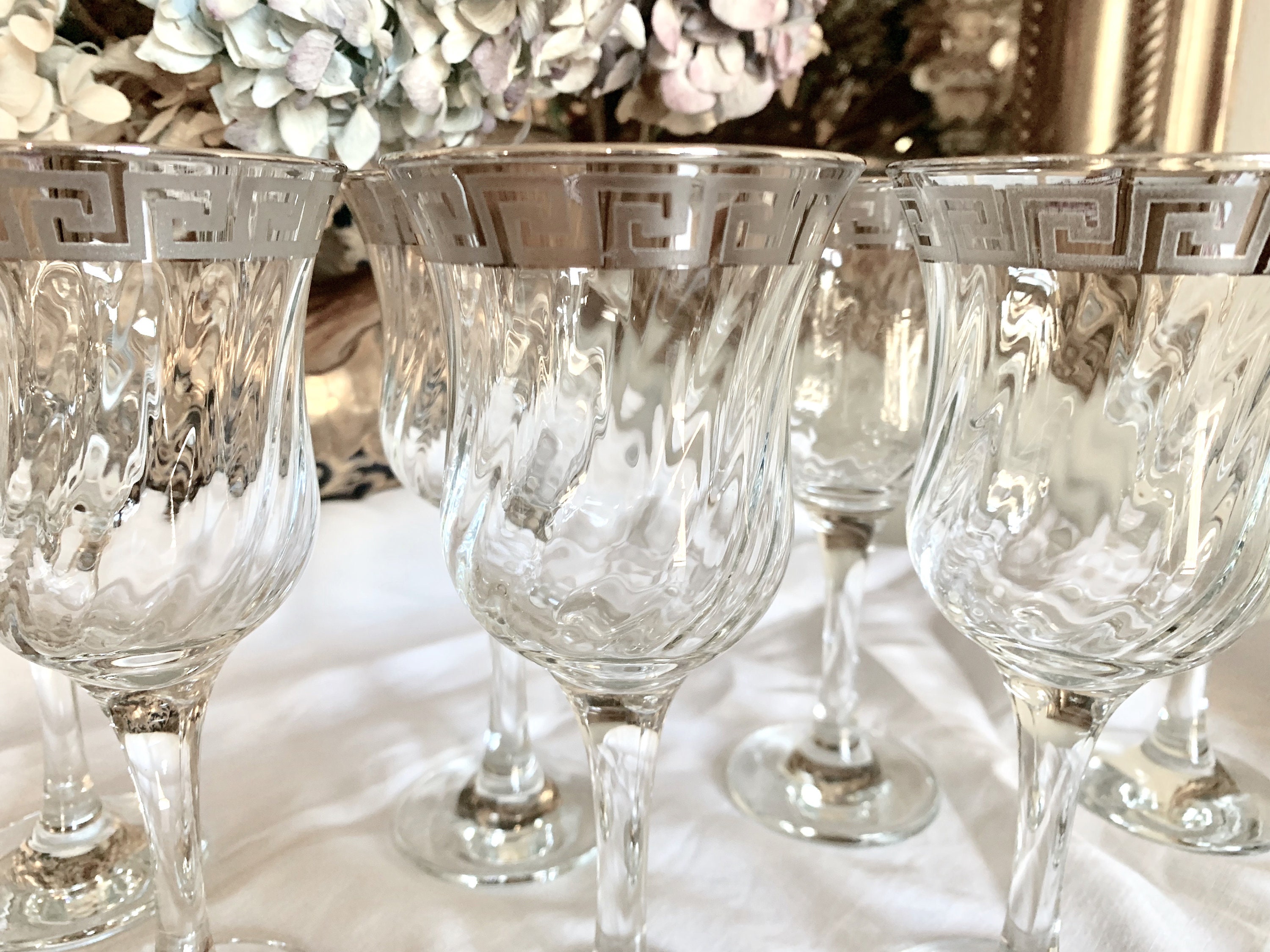 Silver Rimmed Wine Goblets, Set of 6 Lead Crystal Greek Key Design Wine  Goblets, Swirl Glass Pattern, Crystal Barware Gift