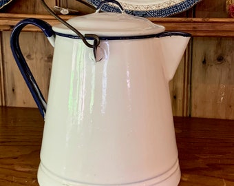 White Blue Enamel Coffee Pot, Extra Large Enamel Kettle, Cottage Farmhouse Decor, Blue White Enamel