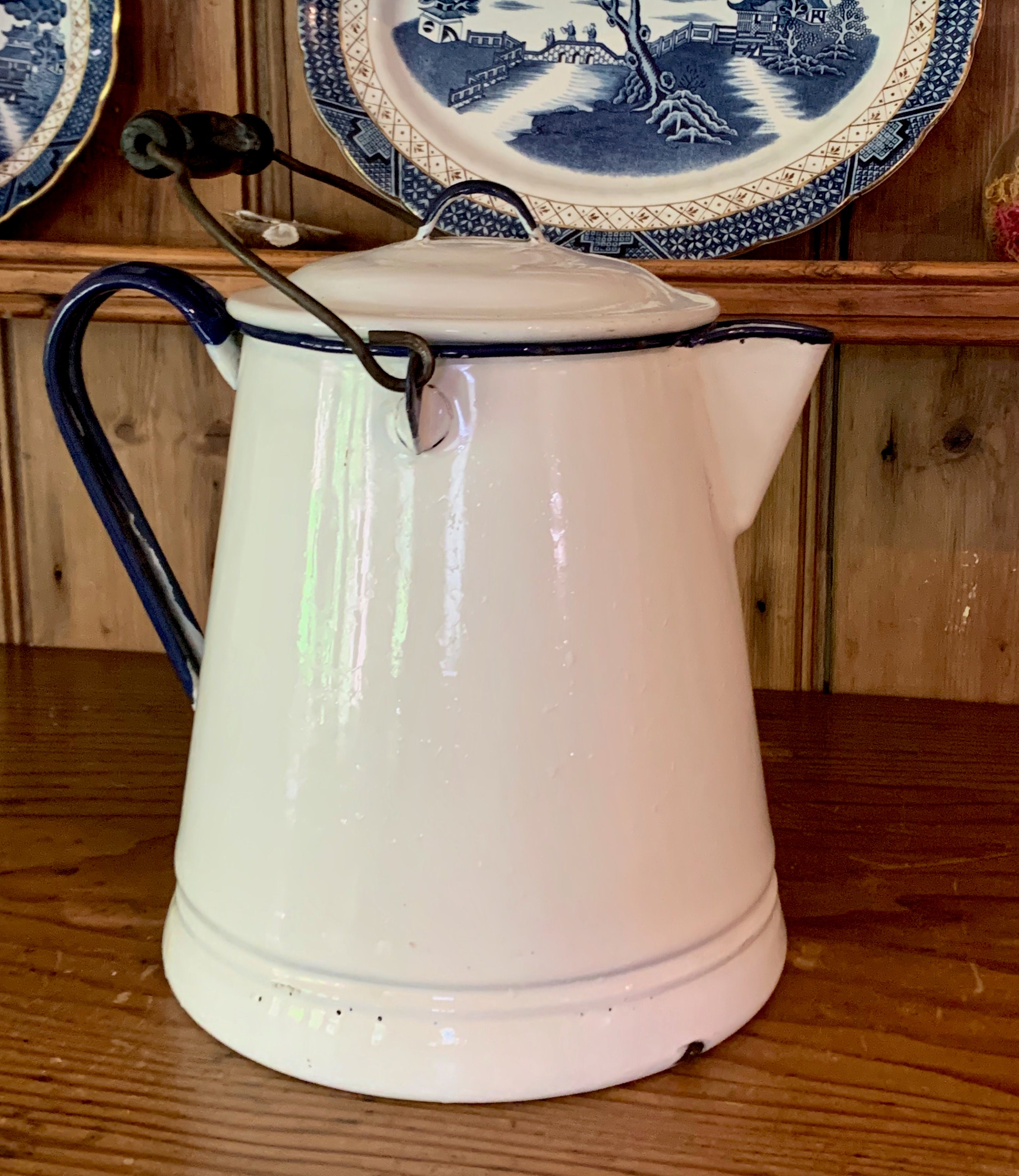 2-Gal Vtg Enamelware White Country Farmhouse Cowboy Coffee Pot Kettle Huge