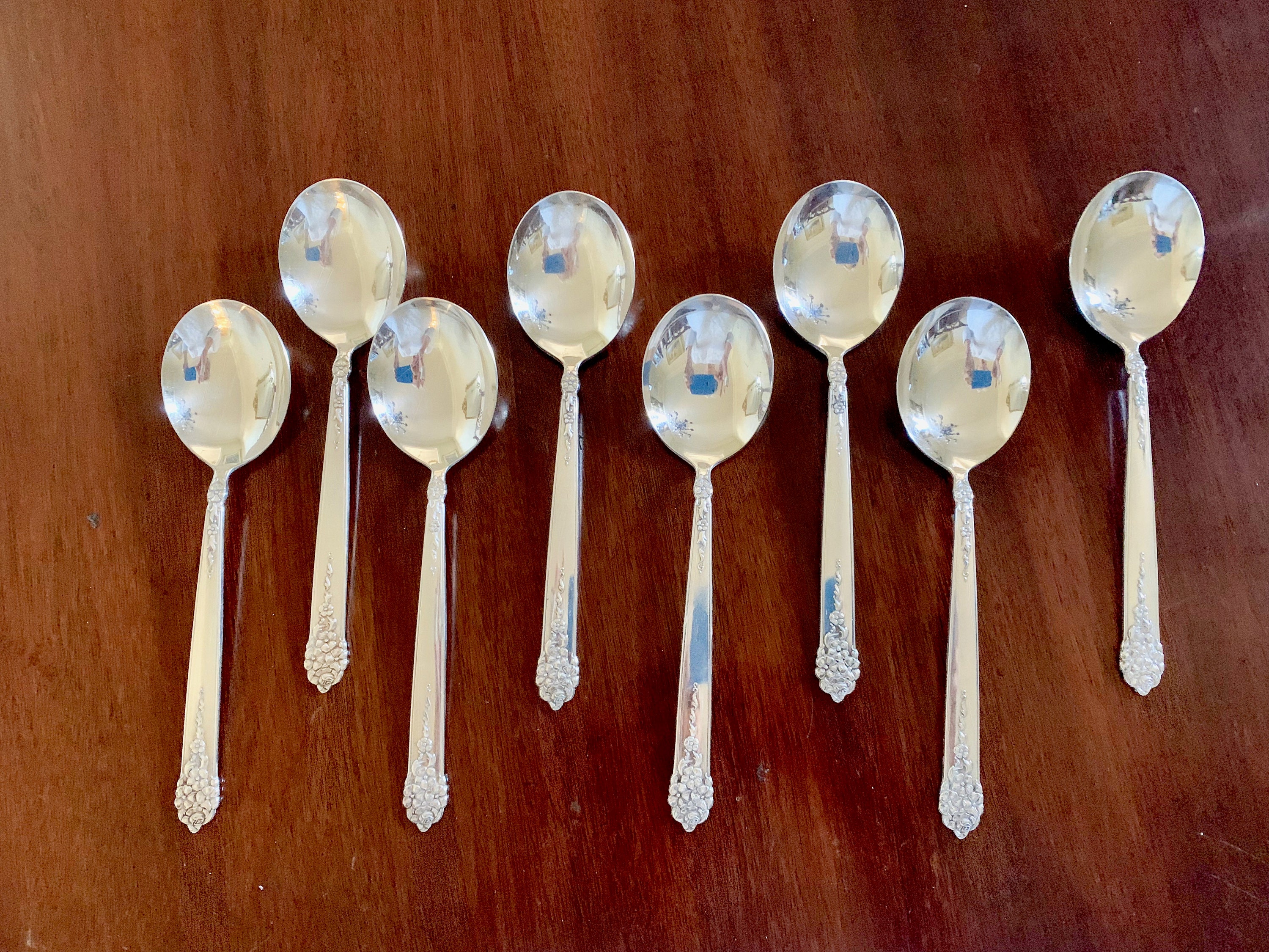 Eight Cream Soup Spoons, King Edward Silver Plate Moss Rose Round Bowl