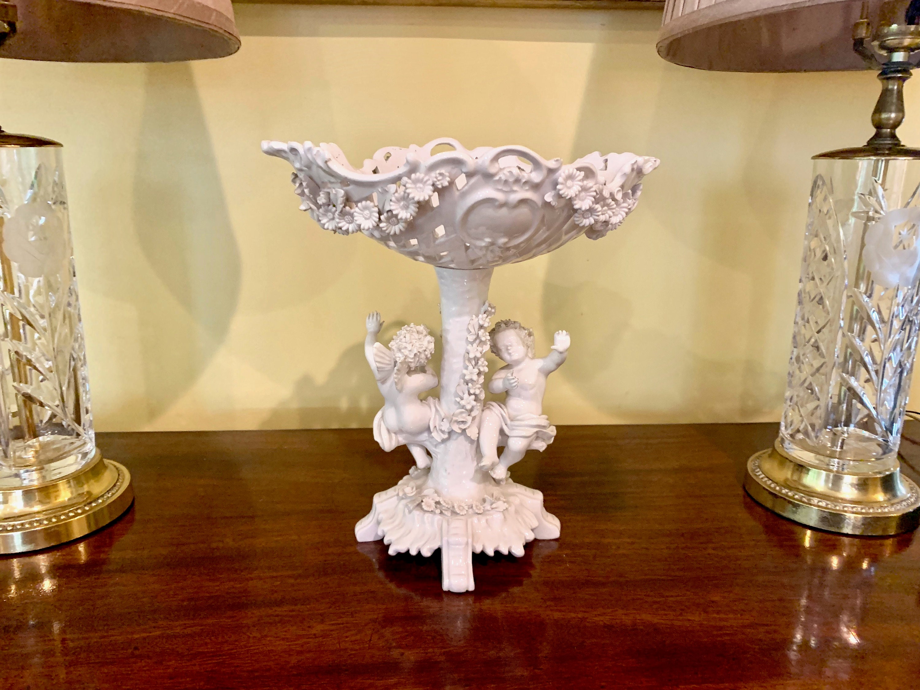 Italian Cherub Compote, Footed Majolica Style Italian White Pedestal